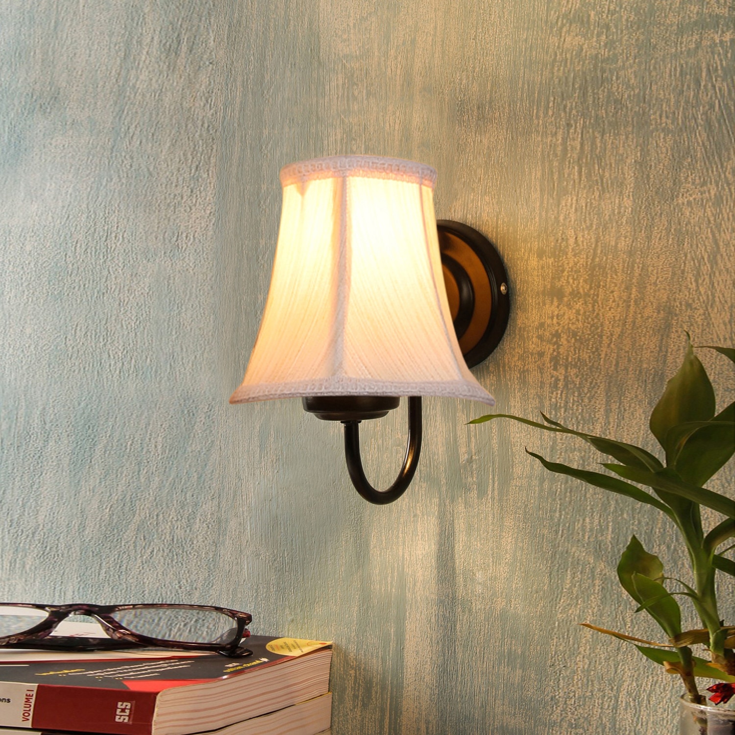 Devansh Black Wall Mounted Lamp With Off-White Cotton Shade - Devansh