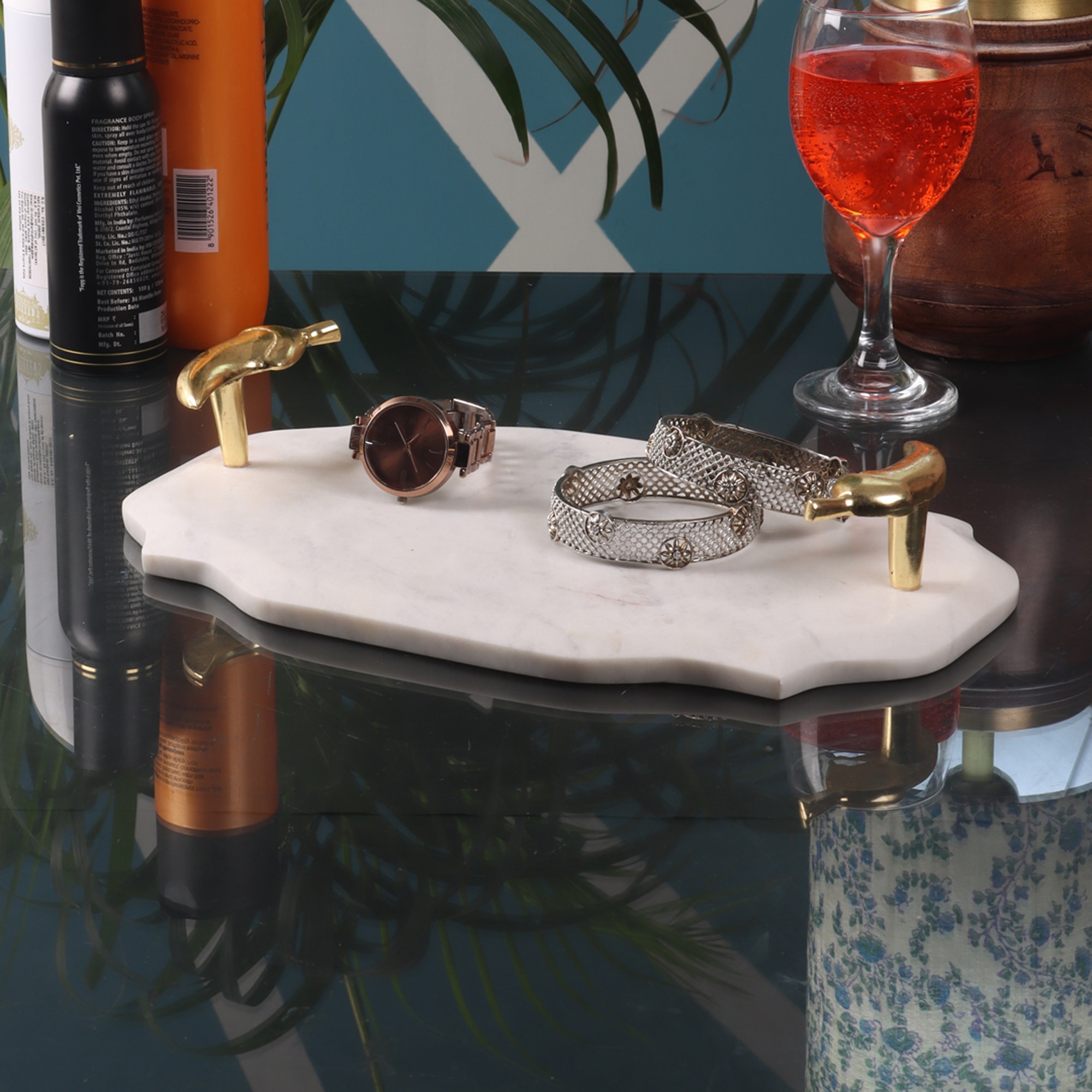 Rectangular Marble Tray with Gold Handle