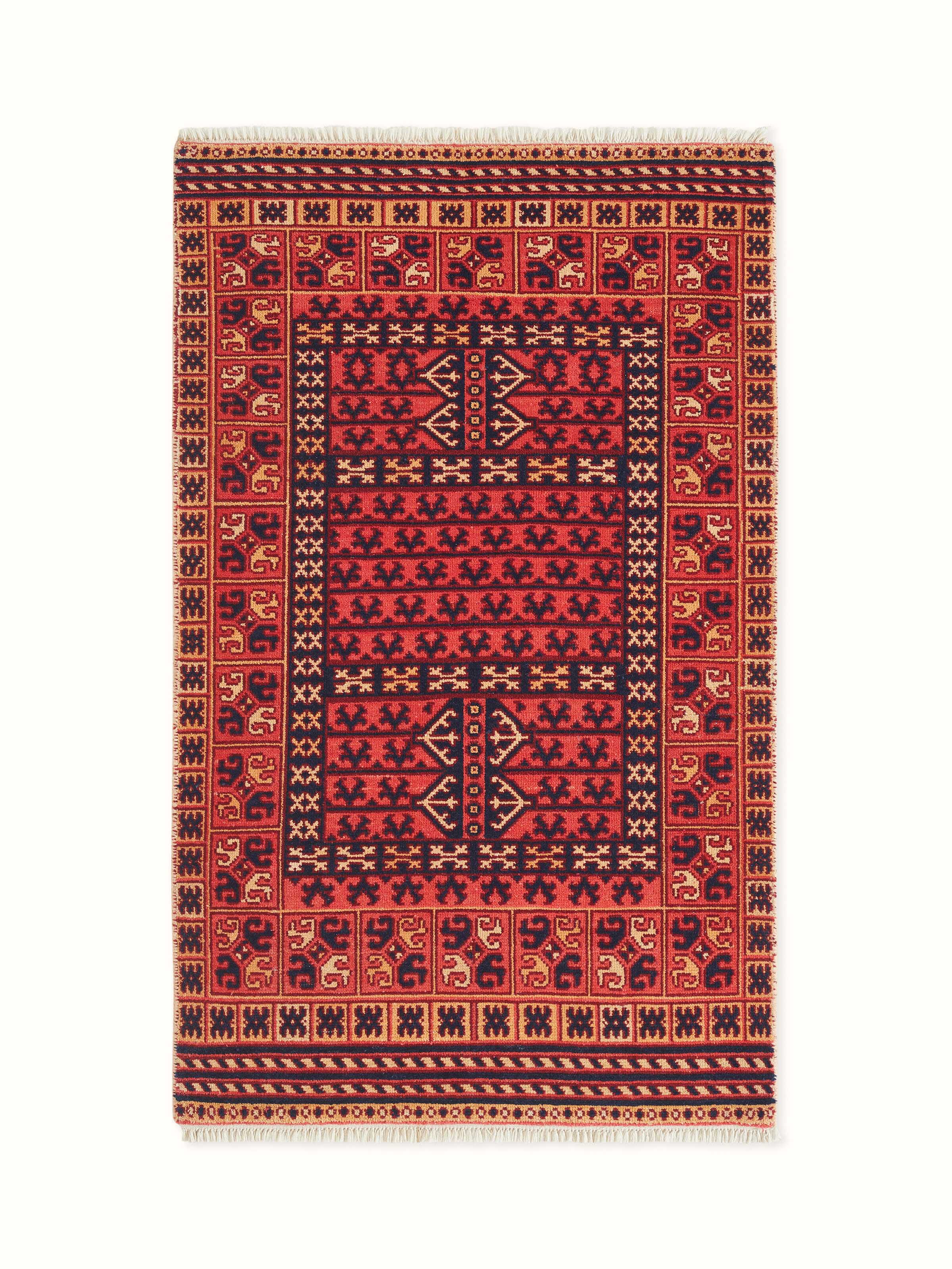 Front view displaying the full vibrant red Kazak tribal carpet, hand-knotted with Agra wool