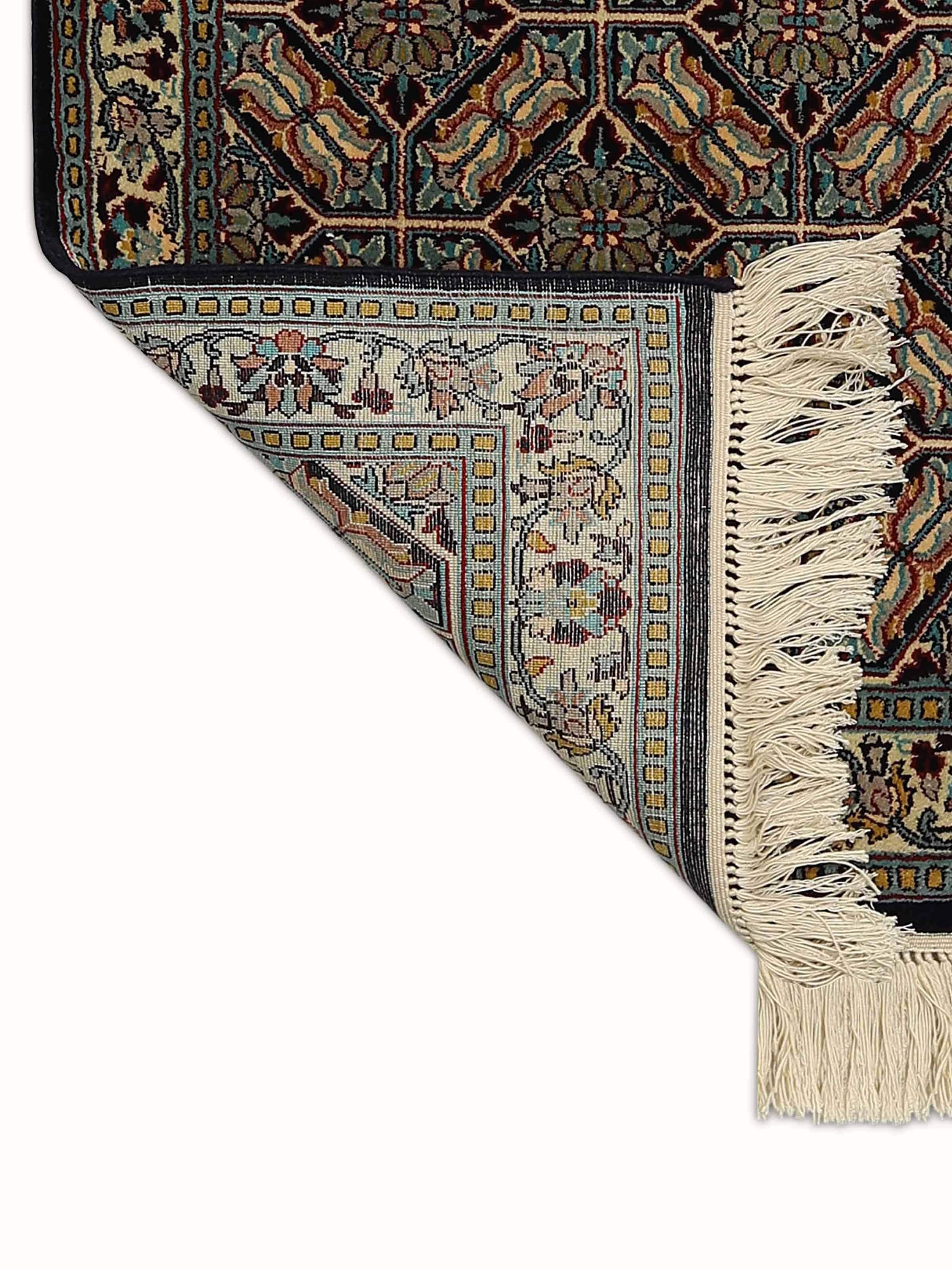 Traditional Persian Blue Khatamband Kashmir Silk Hand-knotted Rug