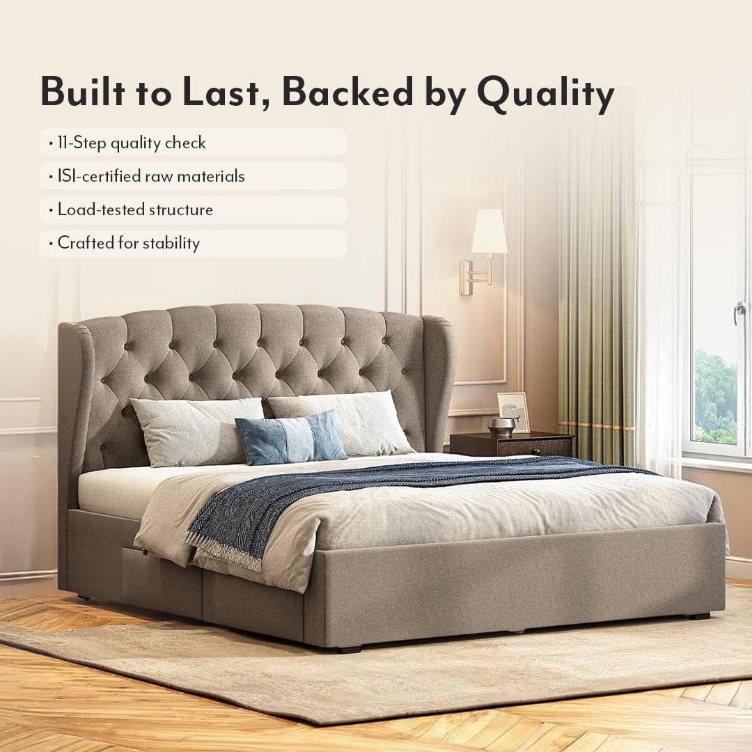 Holmebrook Engineered Wood King Size Drawer Storage Upholstered Bed In Shitake Beige Colour