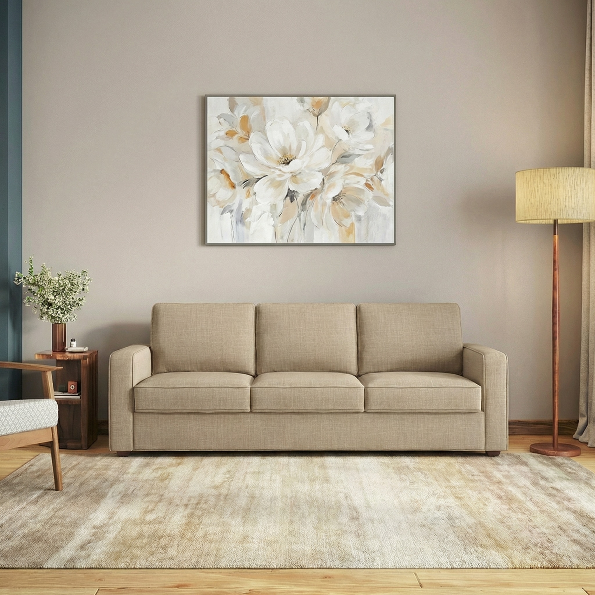 Apollo Compact 3 Seater Fabric Sofa in Sandshell Beige Colour