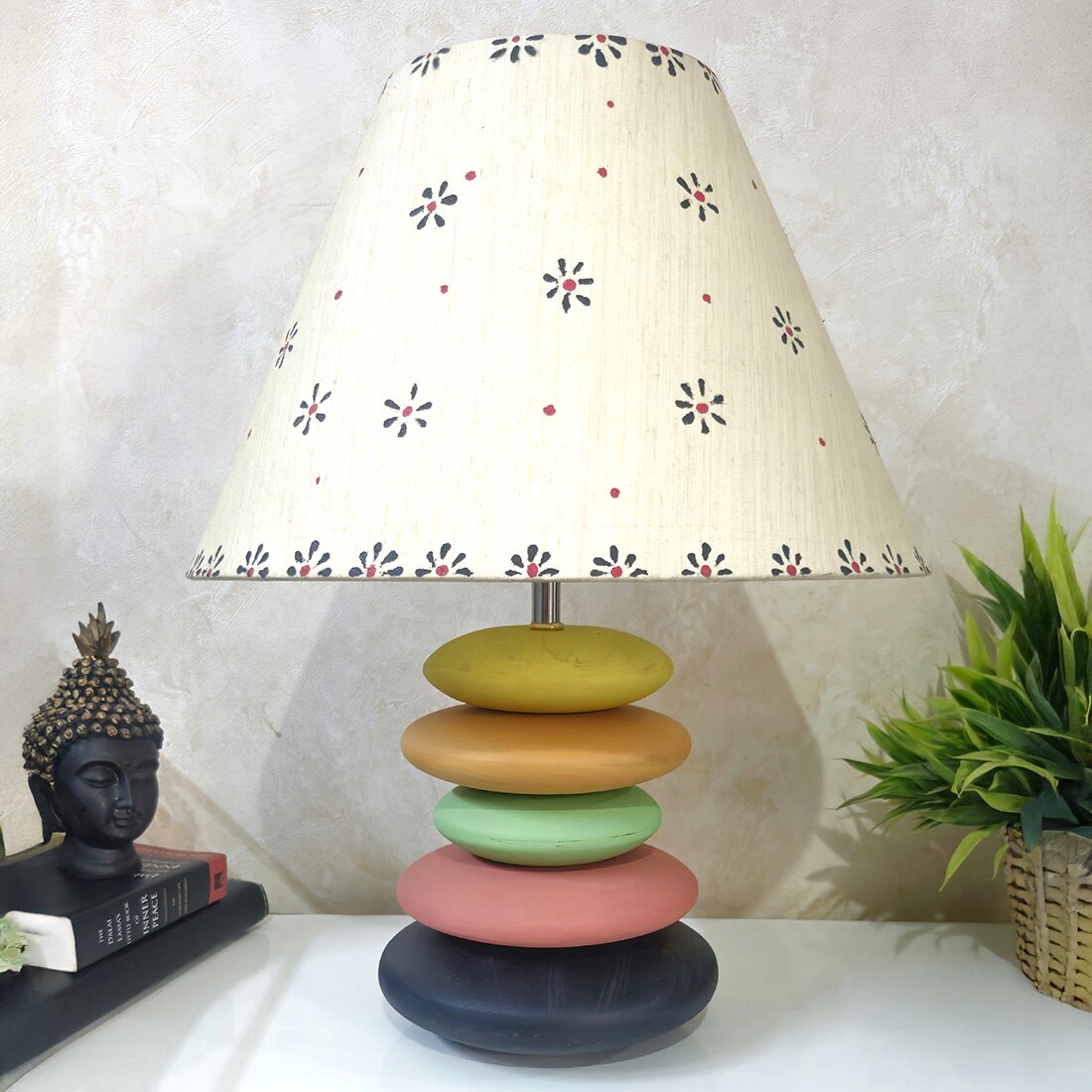 Multicolour Handpainted And Hancarved Distress Wooden Stone Finish Table Lamp