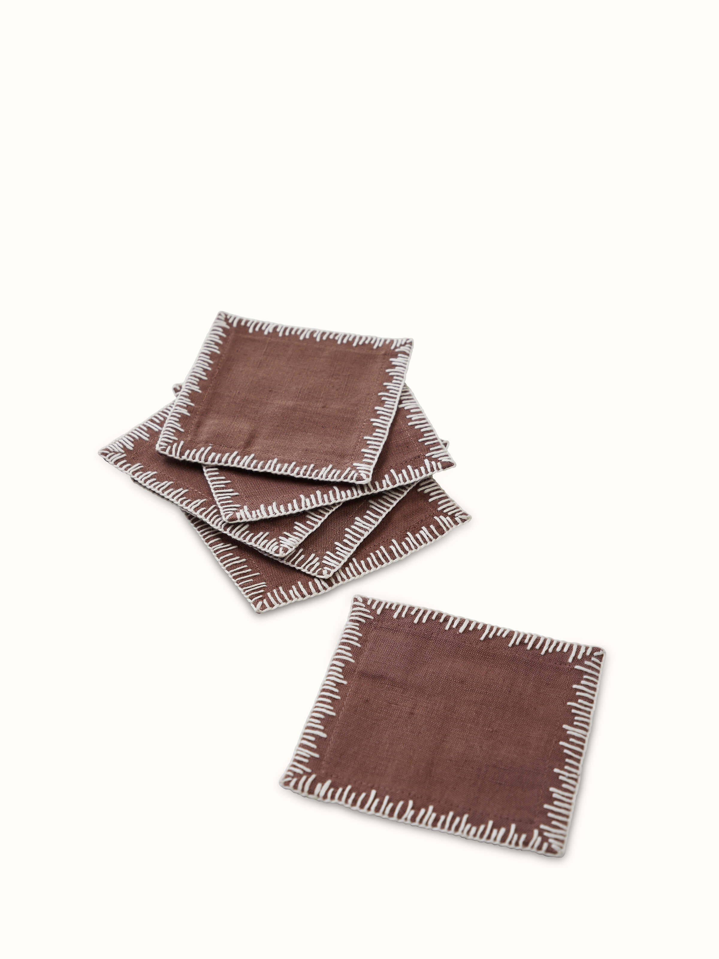 Parvat Brown Edge Stitch Linen Cotton Hand Embroidered Coaster (6 Pcs)