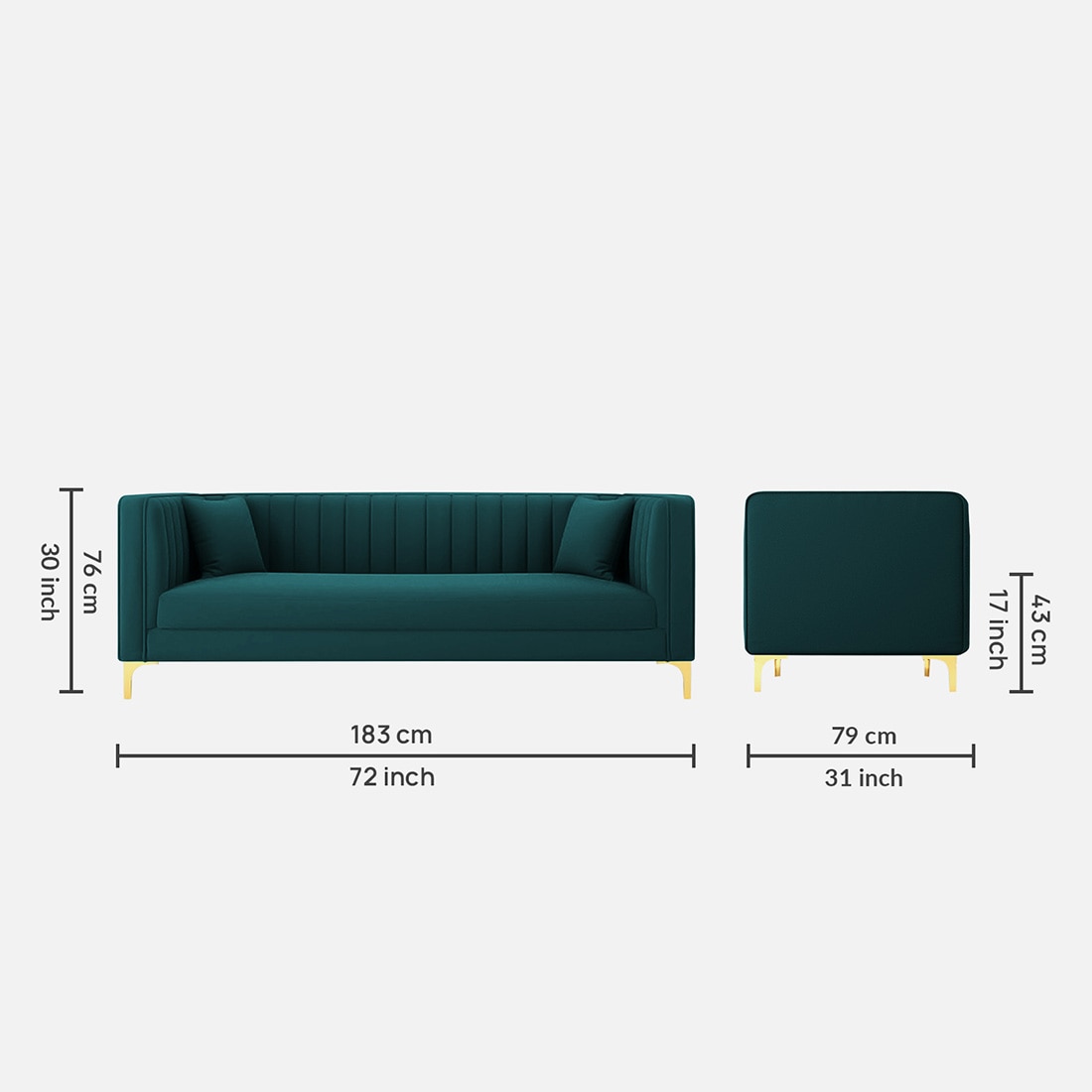 Texude Velvet 3 Seater Sofa Teal in Blue Colour