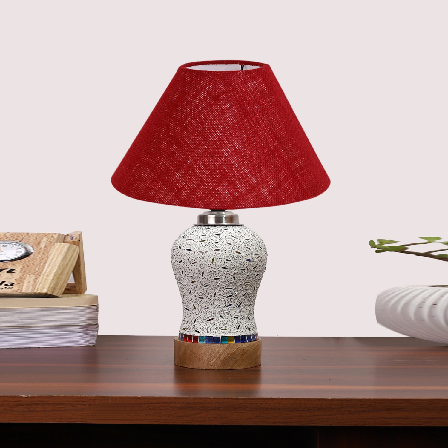 Devansh Conical Maroon Jute Shade Lamp With Wood & Mosaic Glass Base For Decoration/Office/Home/Gifting/Study For Decoration/Office/Home/Gifting/Study -(10X10X14.5) Inches -A
