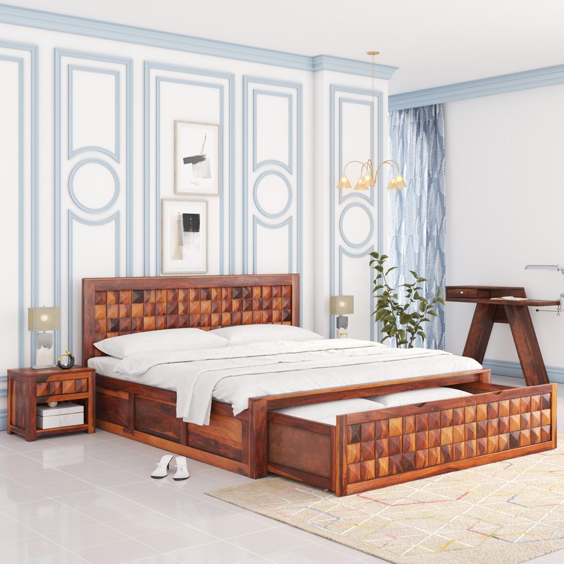 Keaton Solid Wood King Size Drawer And Box Storage Bed In Brown Finish