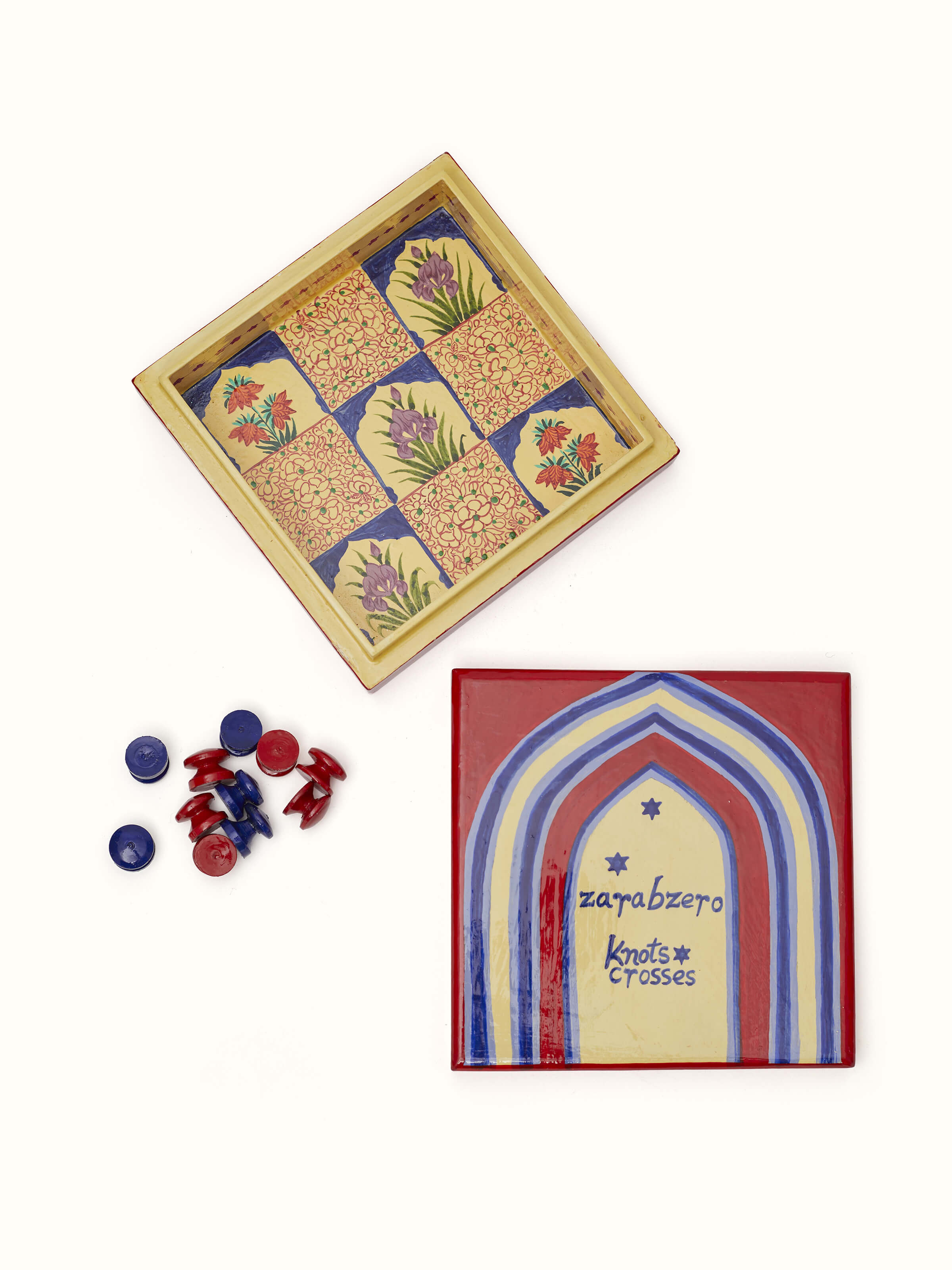 Overhead view of Papier Mache Zarabzero Knots & Crosses Board Game by Swadesh showcasing the detailed artwork and game board.