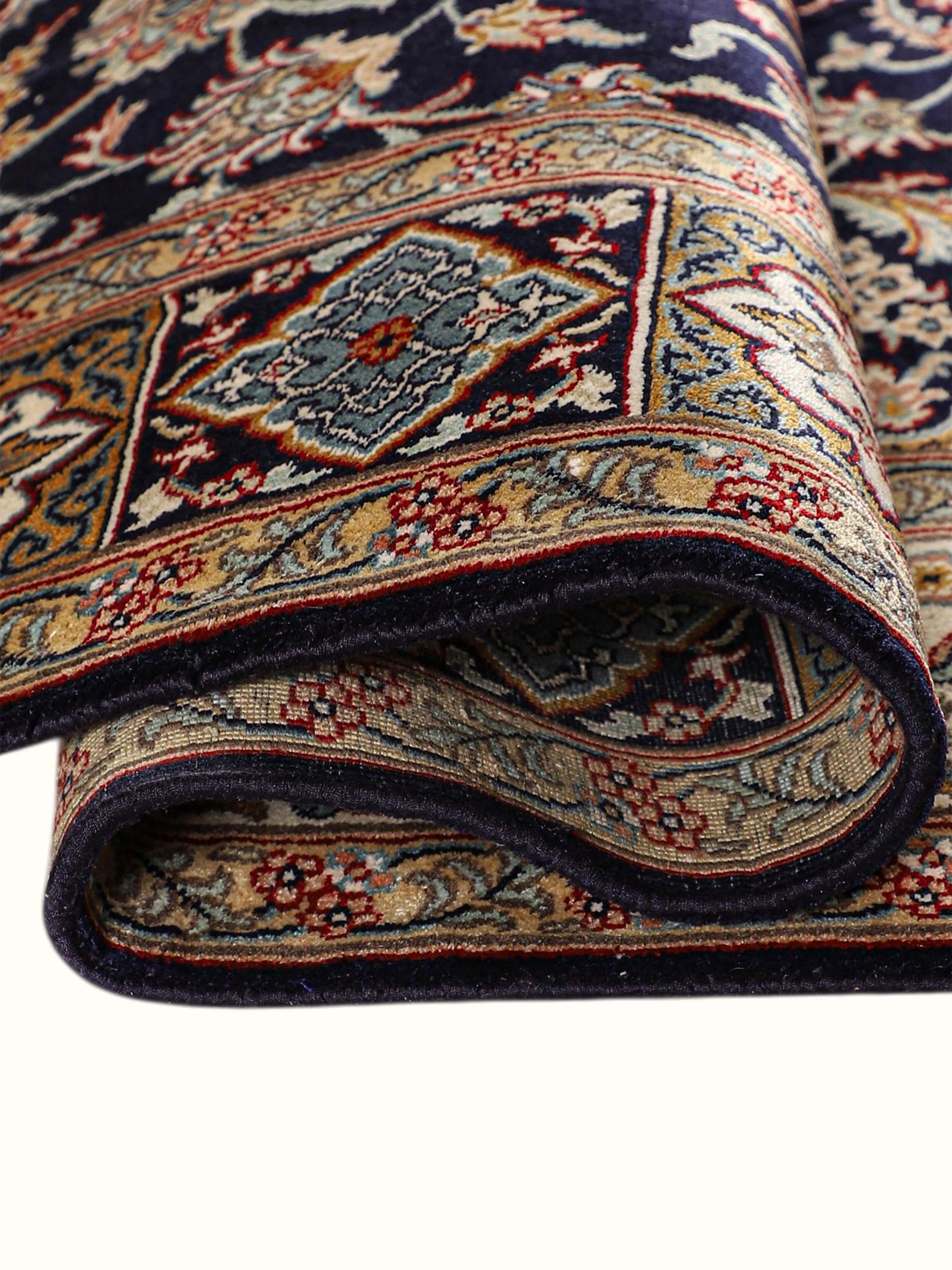 Traditional Persian Navy Ivory Nain Kashmir Silk Hand-Knotted Carpet