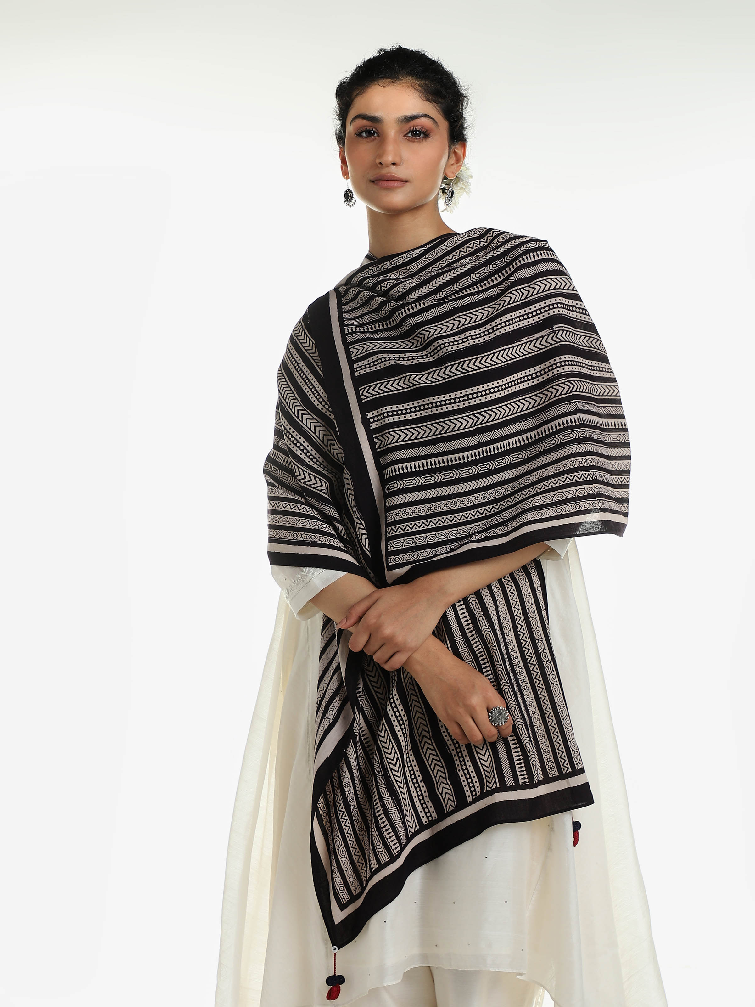 Black Cotton Bagru Block Printed Stole