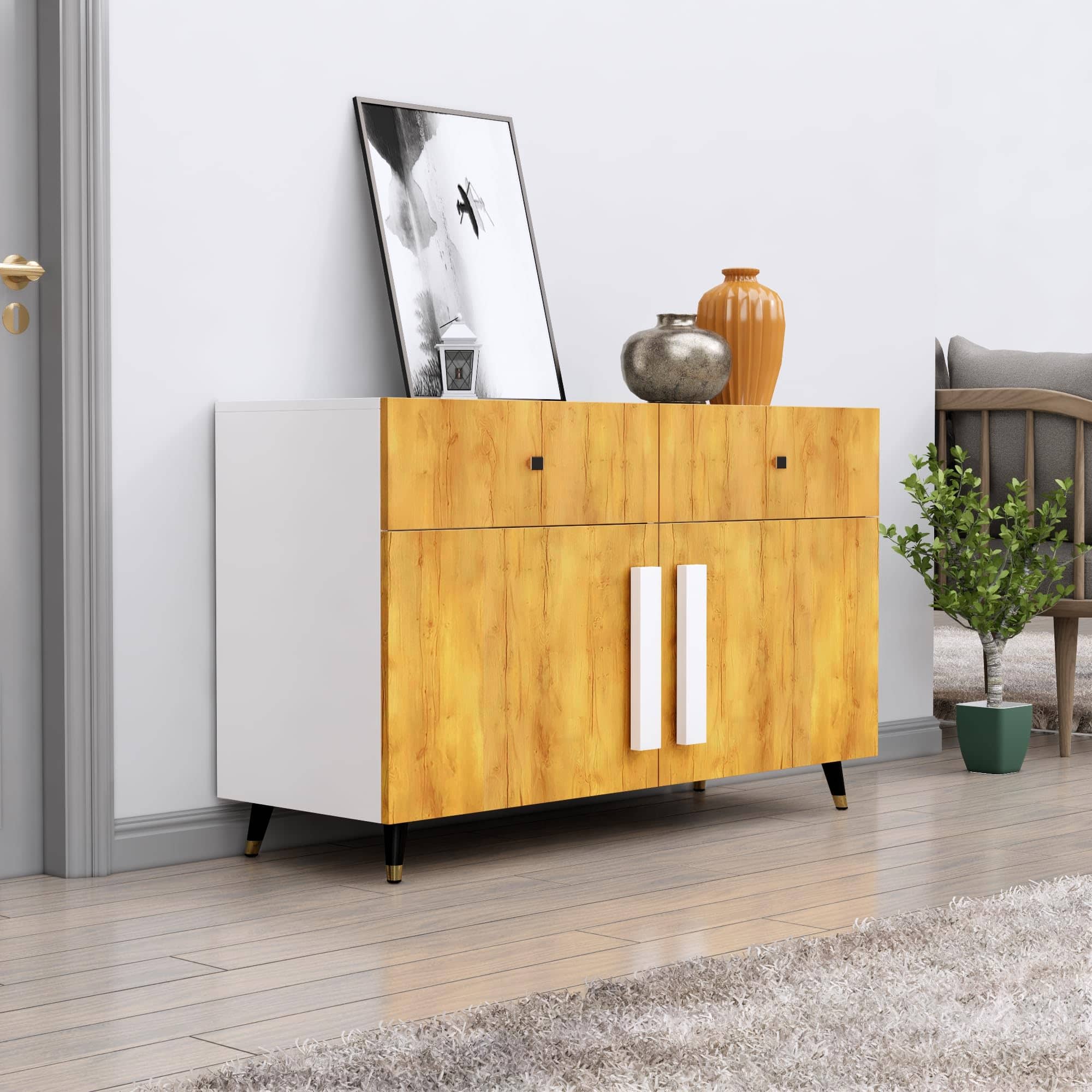 Hexa Red Multipurpose Storage Cabinet With 2 Drawer 2 Door in Frosty White And Giant Wood Colour - HexaRed
