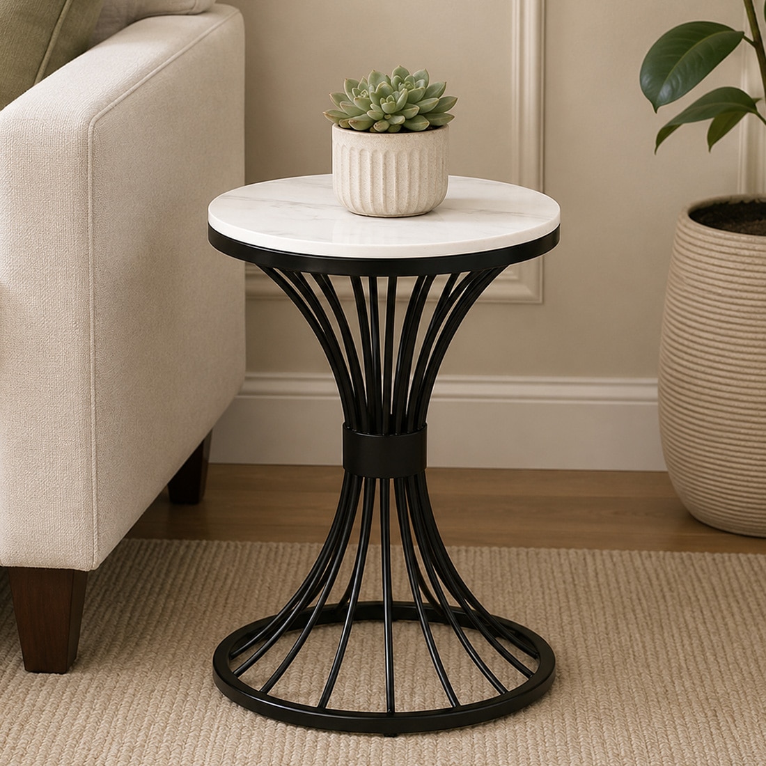 Swish White Porcelain Top End Table Black Finish - Bhavya Exports