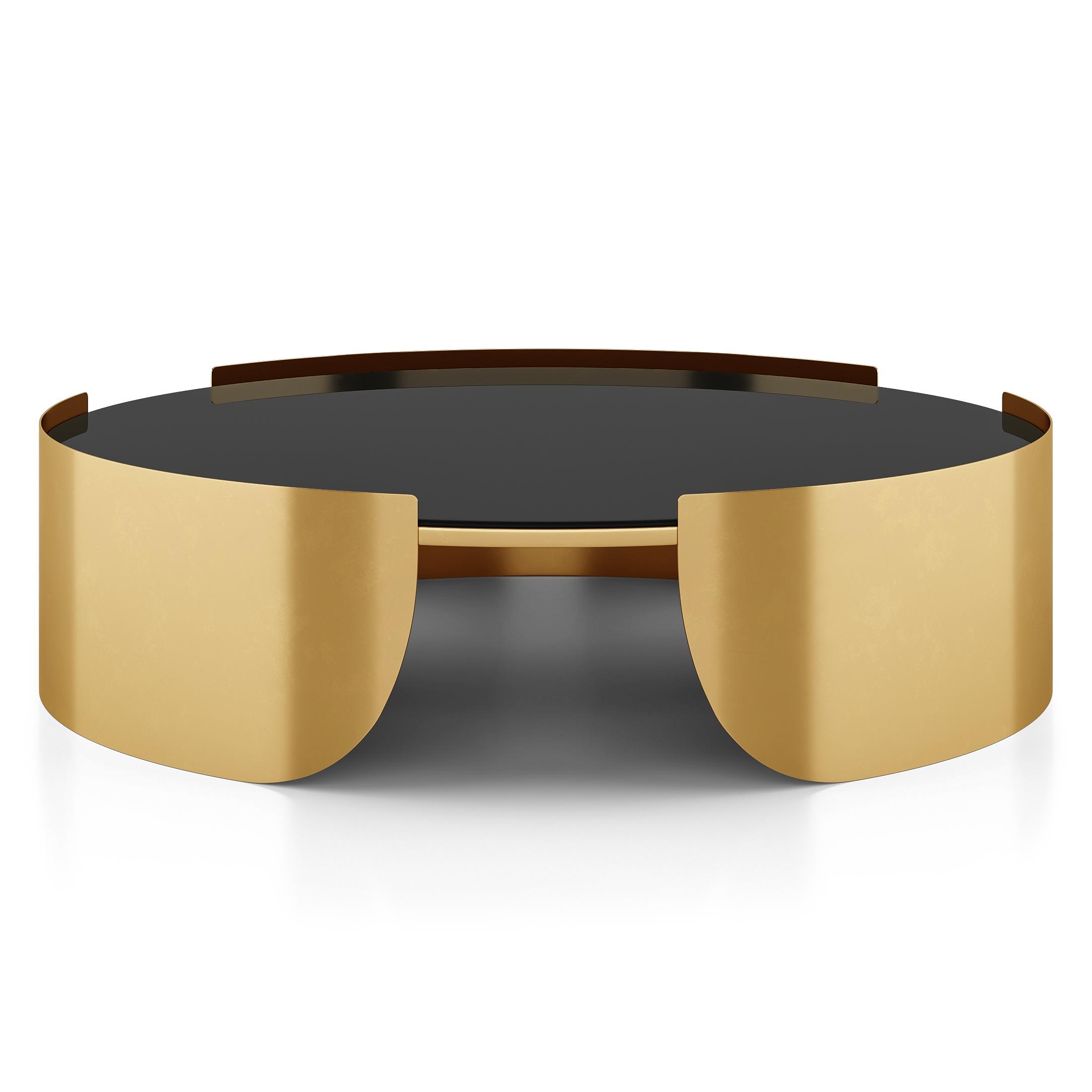 Belle Round Black Mirror And Metal Coffee Table In Gold Finish