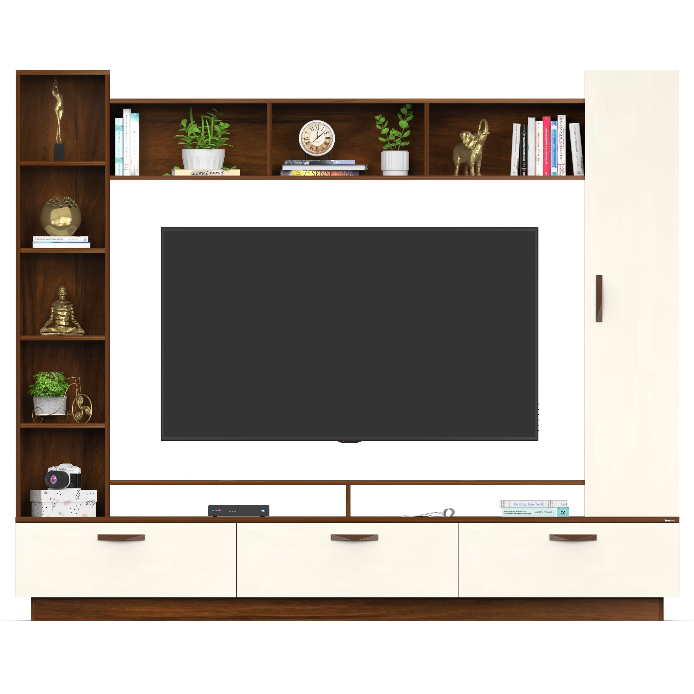 BLUEWUD Fenily Engineering Wood Floor Standing TV Entertainment Unit Set Top Box Stand/TV Cabinet with Shelves for Books & D�cor Display Unit Bed Living Room Upto 60 Inches (Brown Maple & Beige)