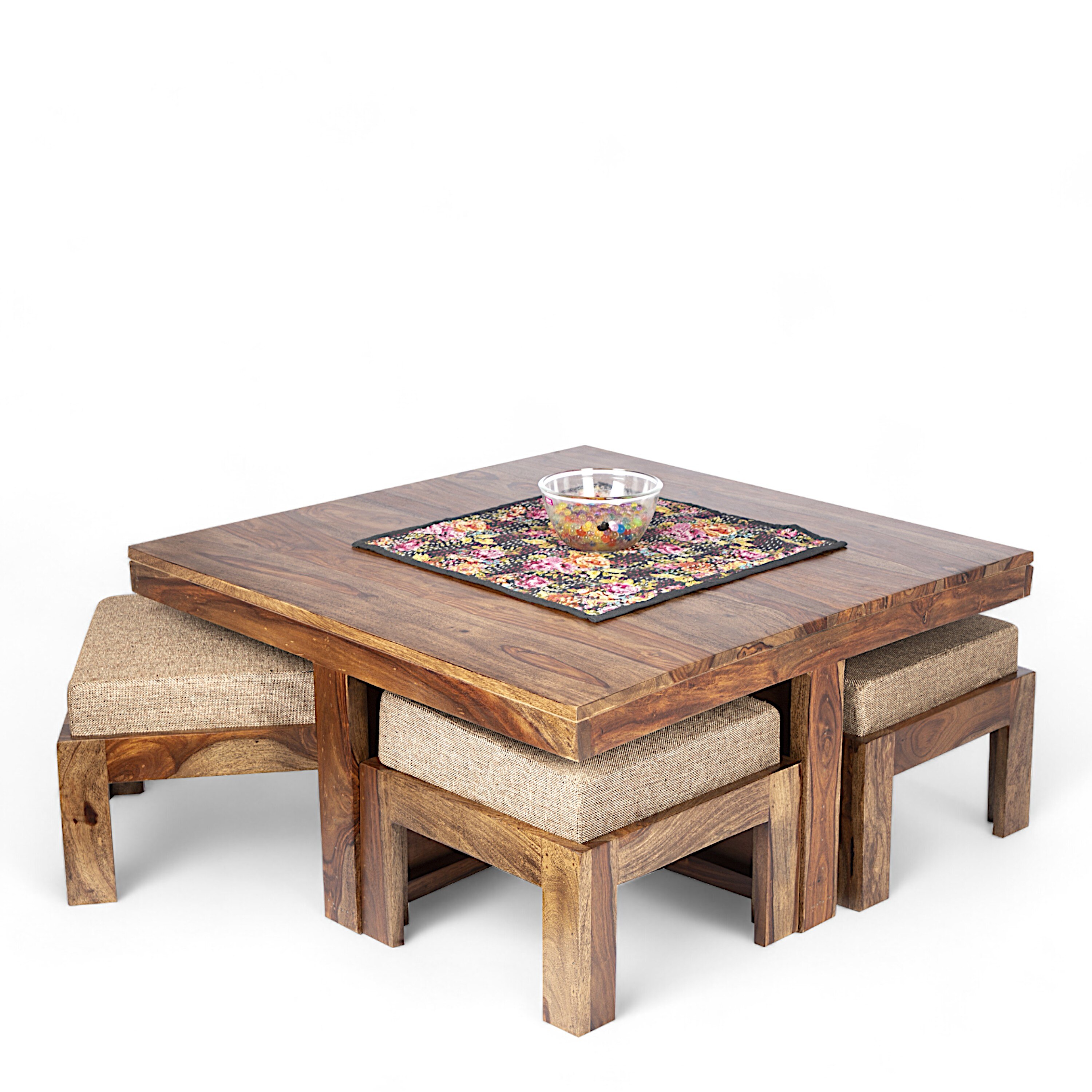 Blane Sheesham Wood 4 Seater Coffee Table Set In Teak Finish