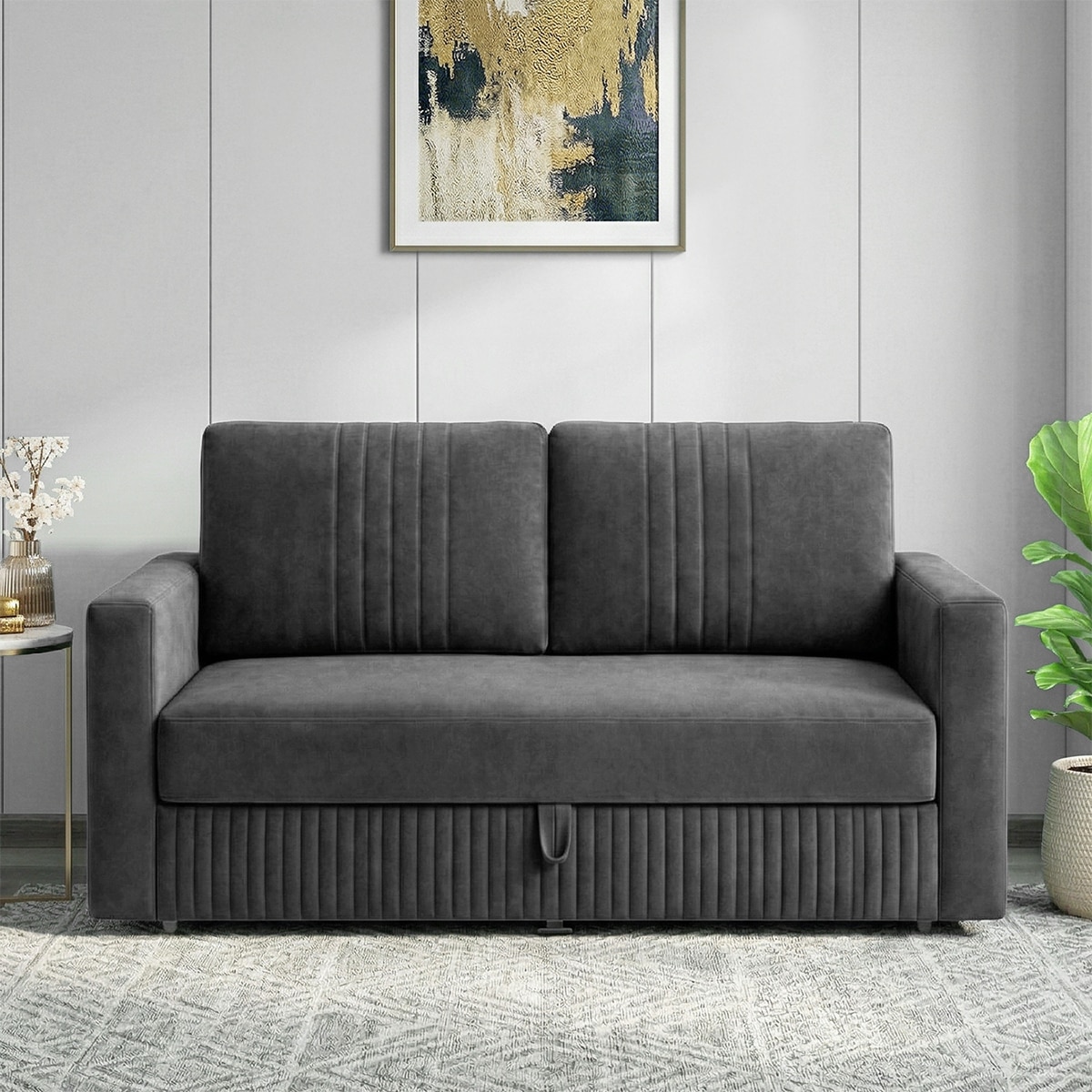 Alfon 2 Seater Velvet Pull Out Sofa Cum Bed with Storage In Dark Grey - Home Lifestylez