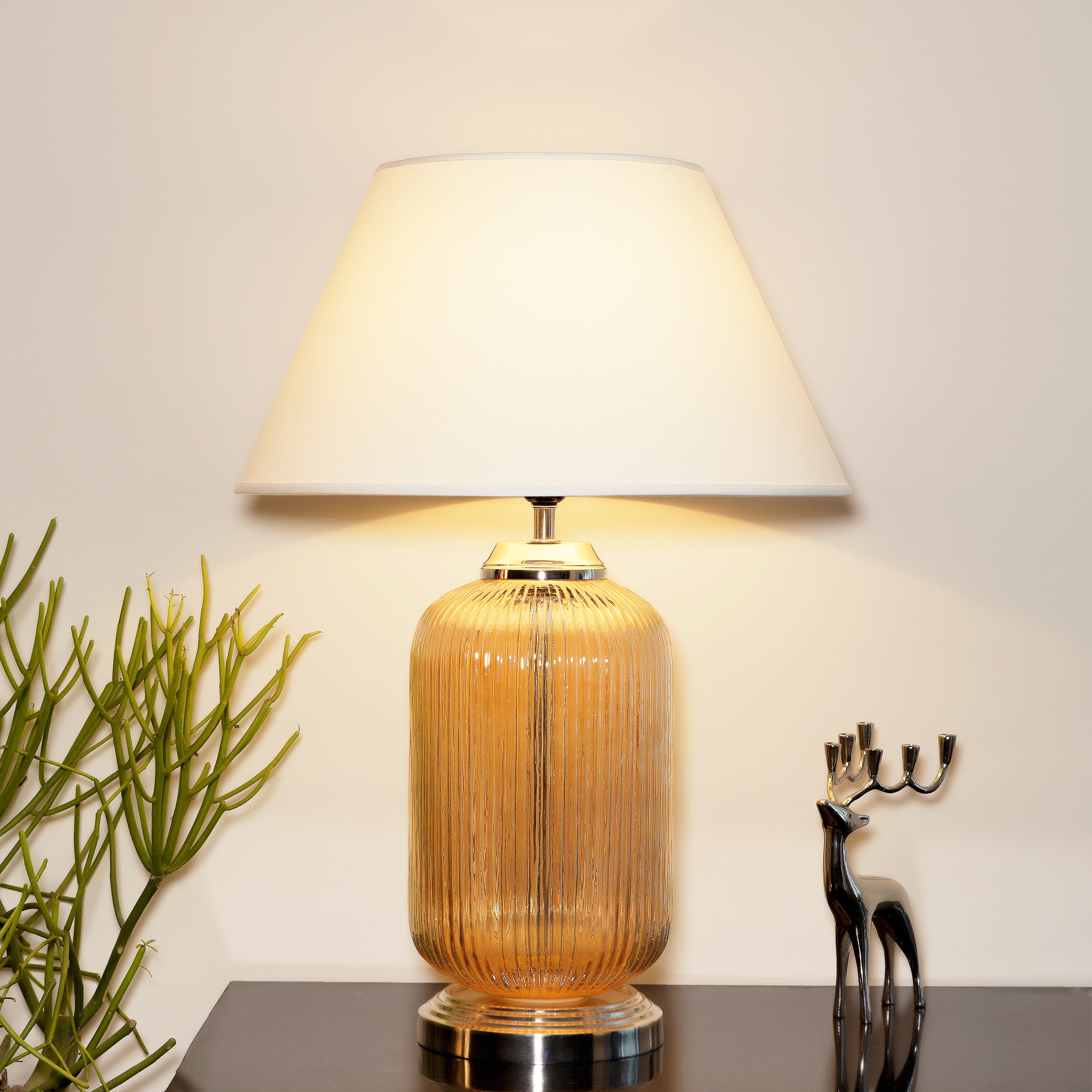 Maloto Amber Luster and Nickel Finish Table Lamp With White Cotton Shade - Kapoor Lamp Shades