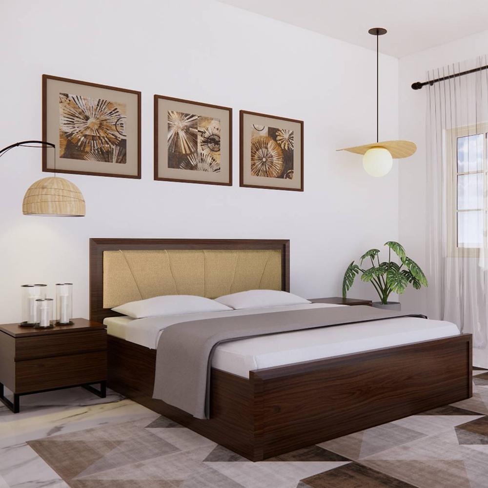 Yuko Engineered Wood Upholstered King Size Bed In Columbia Walnut Finish With Hydraulic Storage