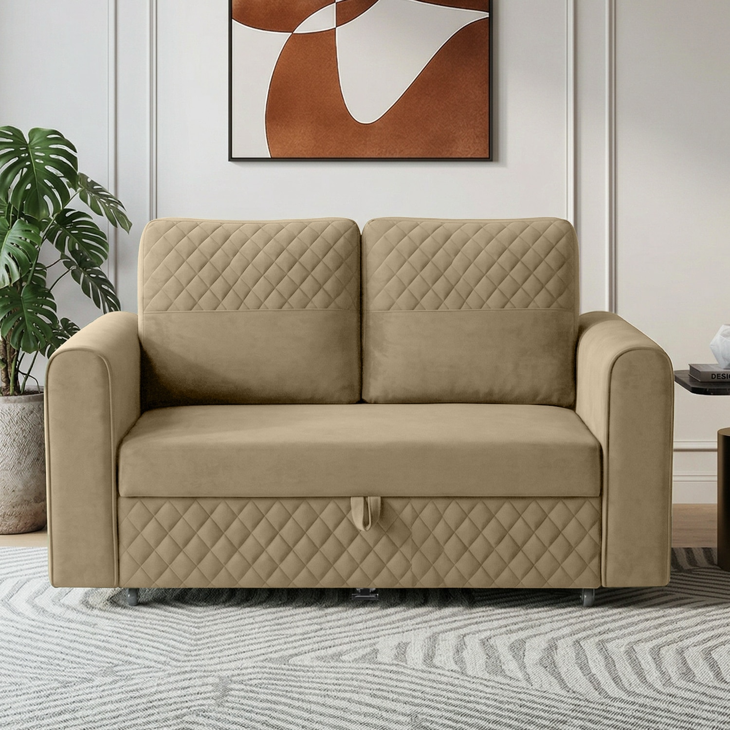 Baruna 2 Seater Velvet Pull Out Sofa Cum Bed with Storage In Beige Color - Home Lifestylez