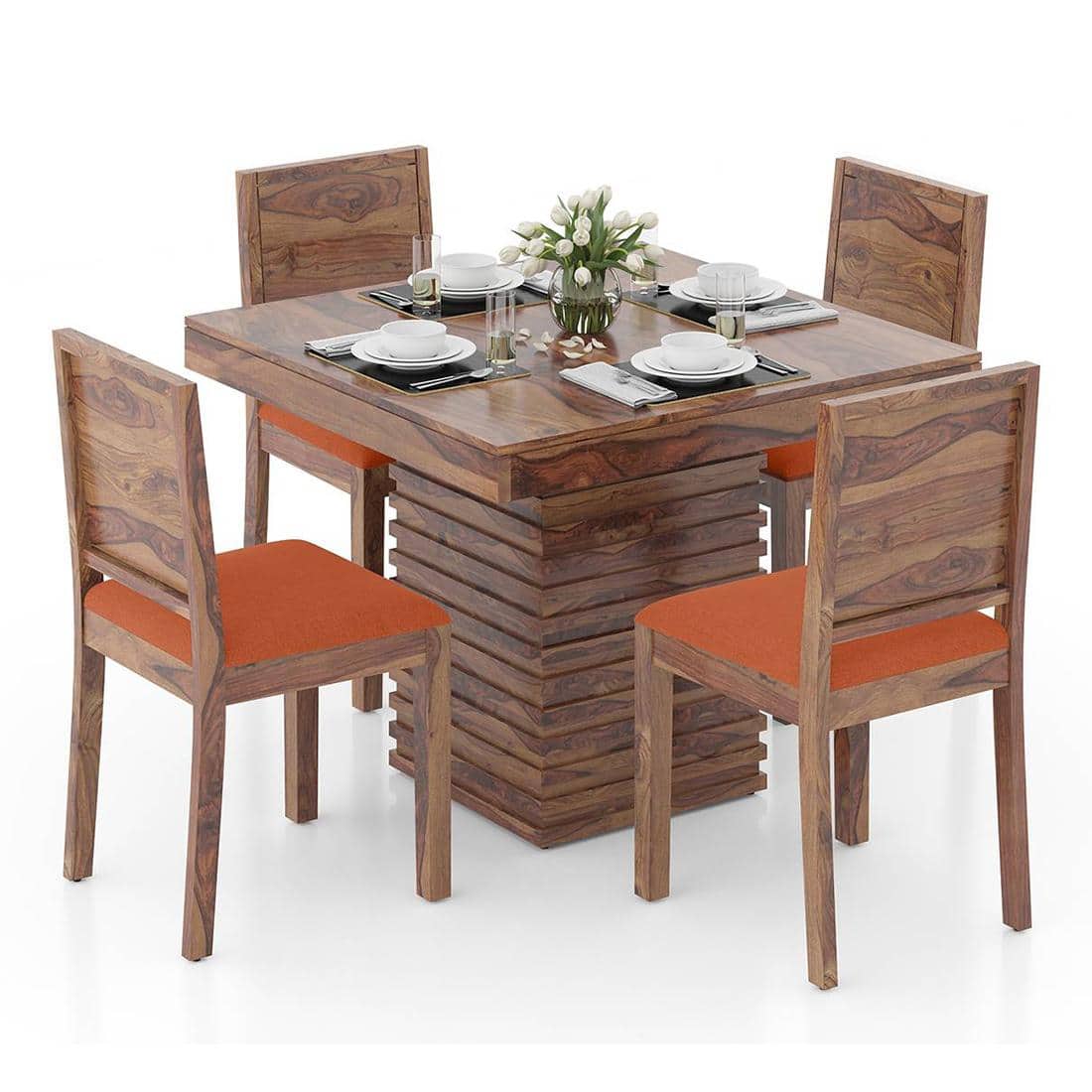 Julian 4 Seater Dining Table With Set Of 4 Oribi Upholstered Dining Chairs (Colour- Burnt Orange, Finish- Teak)