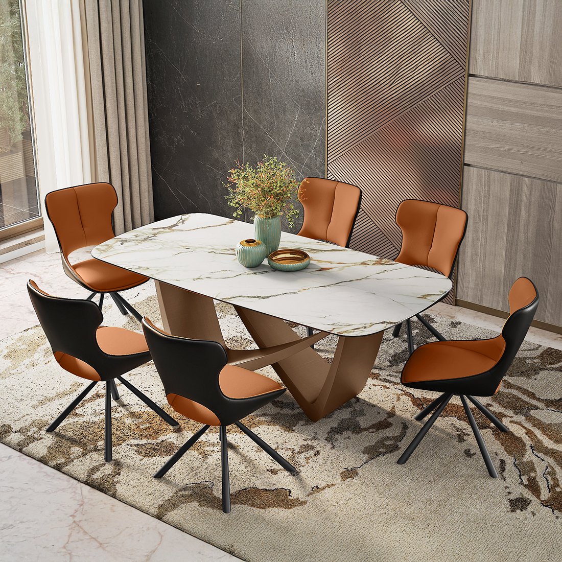 Paloma 6 Seater Pluto Spanish Ceramic Dining Table With 6 Tulip Dining Chairs