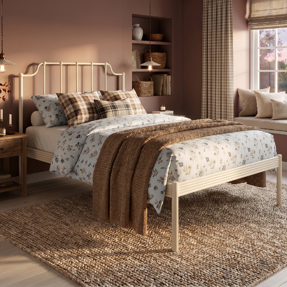 Hackney Metal Non Storage Single Bed in Glossy Ivory Finish