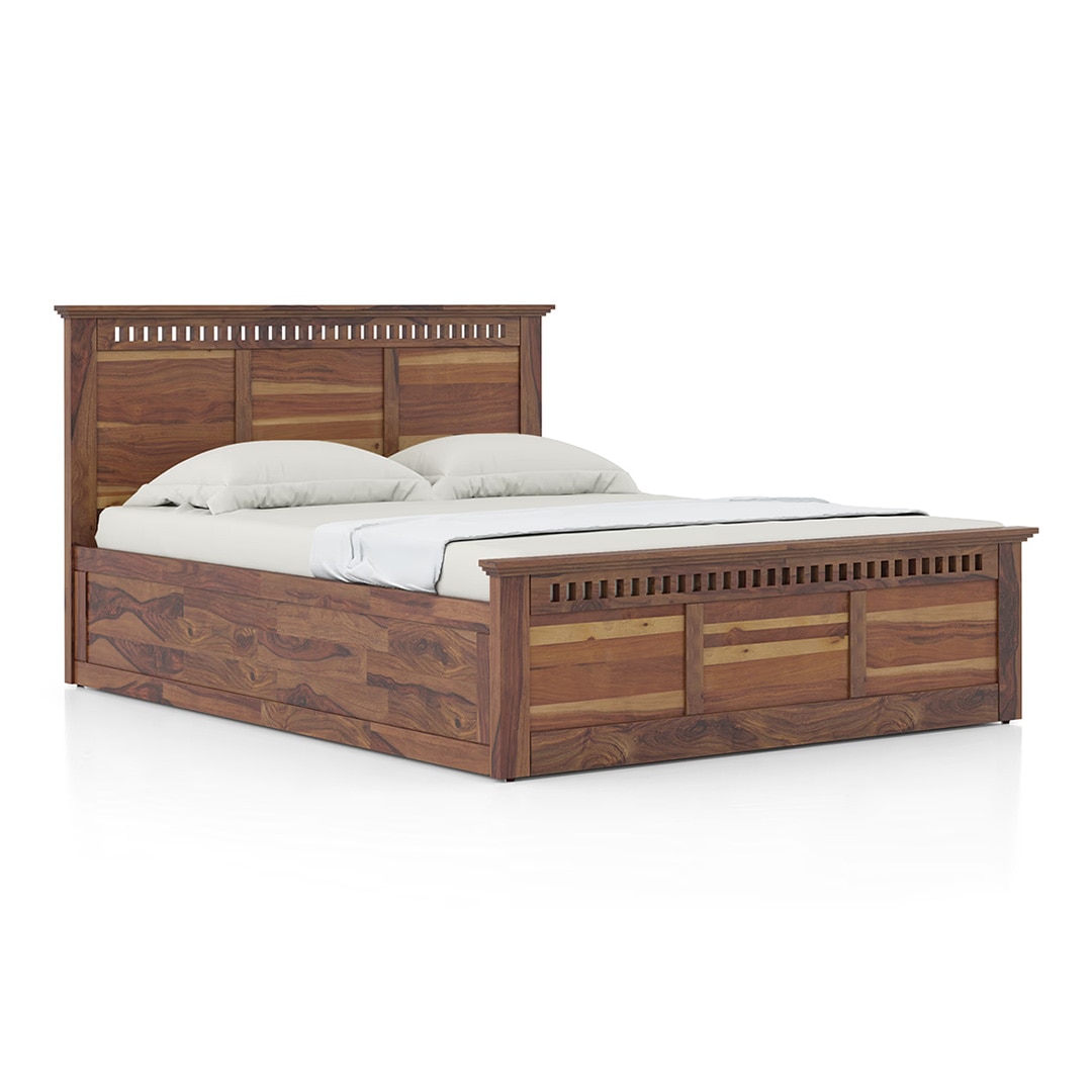 Fidora Solid Wood Queen Hydraulic Storage Bed In Teak Finish