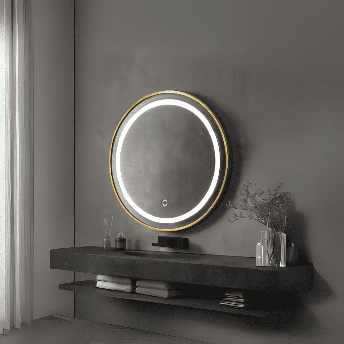 Round LED Mirror with Gold Aluminium Frame Modern Circular Vanity Mirror