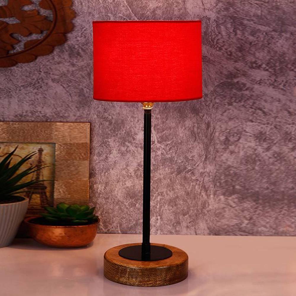 Rene Red Fabric Shade Table Lamp with Natural Wood & Iron Base