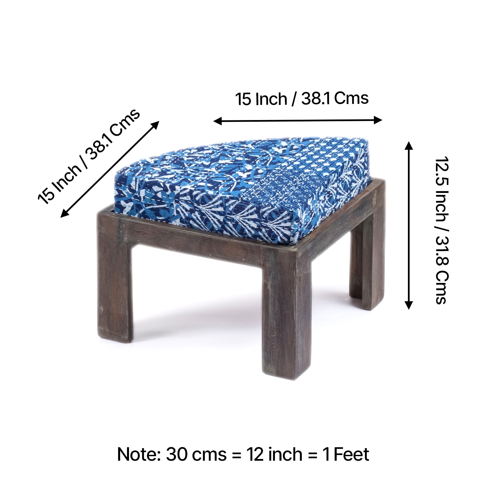 Nashville Sheesham Wood 4 Seater Coffee Table Set In Antique Grey Finish Indigo Patch Kantha Cushion