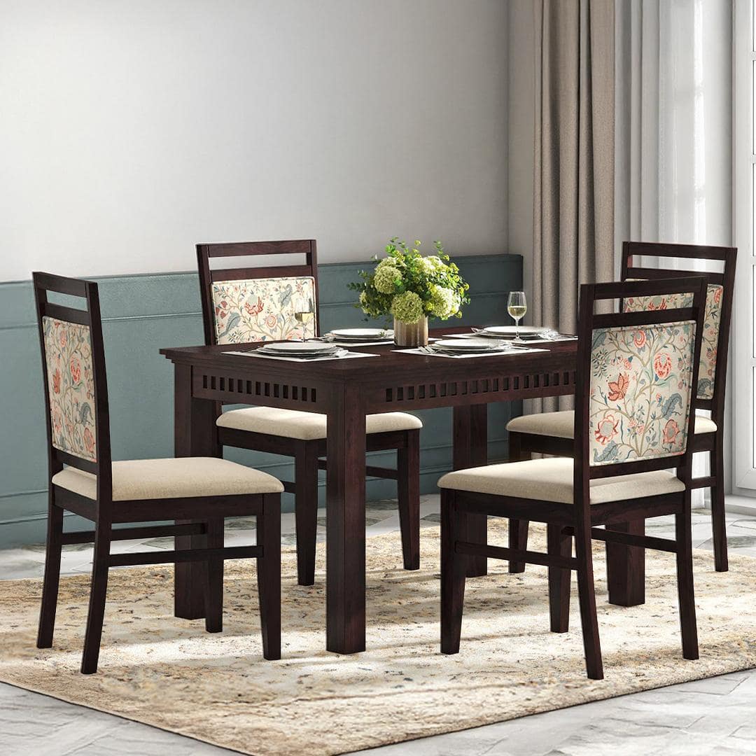 Fidora 4 Seater Dining Table With Set Of 4 Alaine Dining Chairs (Colour- Calico Floral Retreat & Pony Beige, Finish- Mahogany)