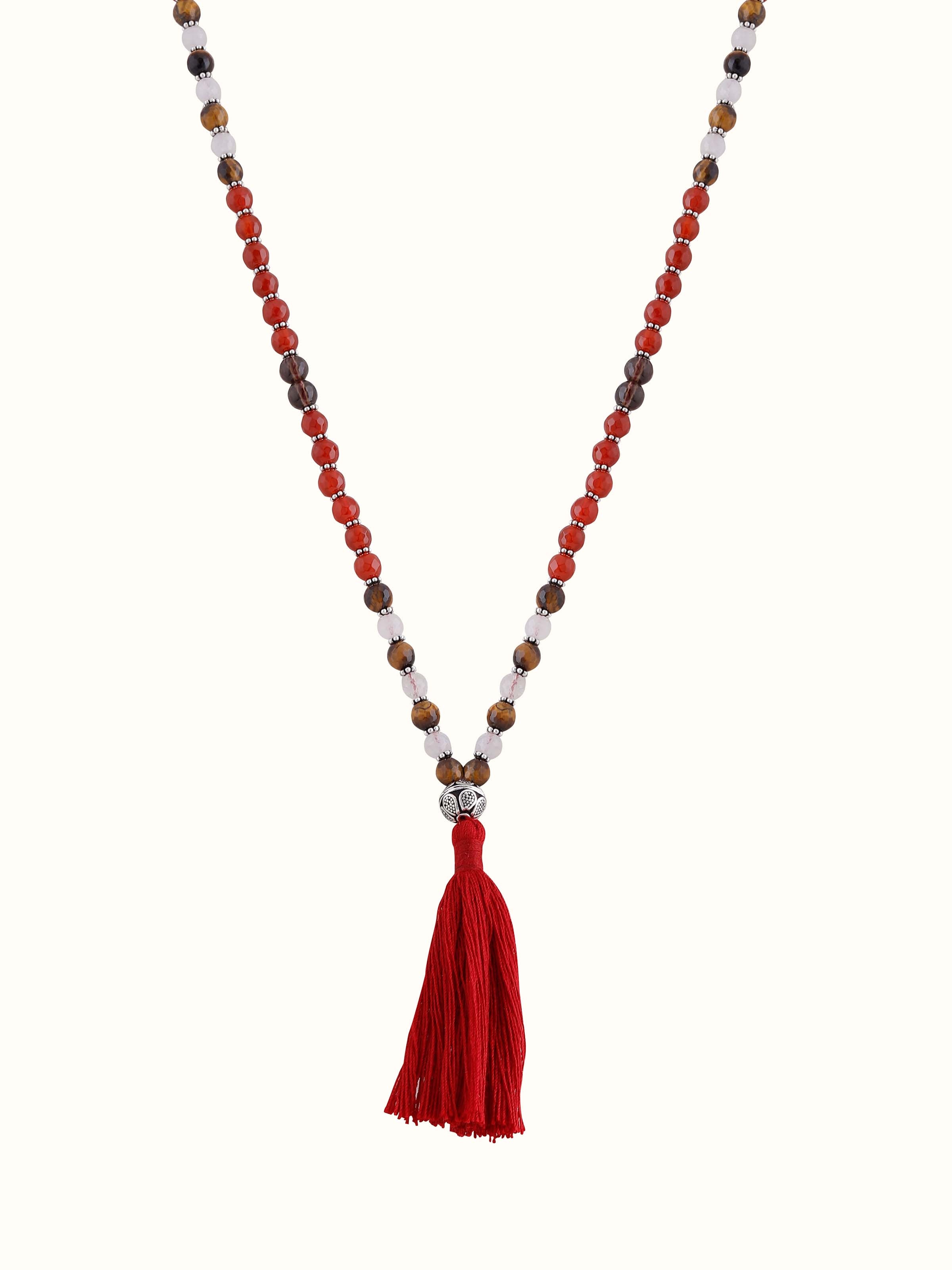 Front view of mala with Carnelian, Smoky Quartz, and Tiger Eye beads strung on silver thread for energy