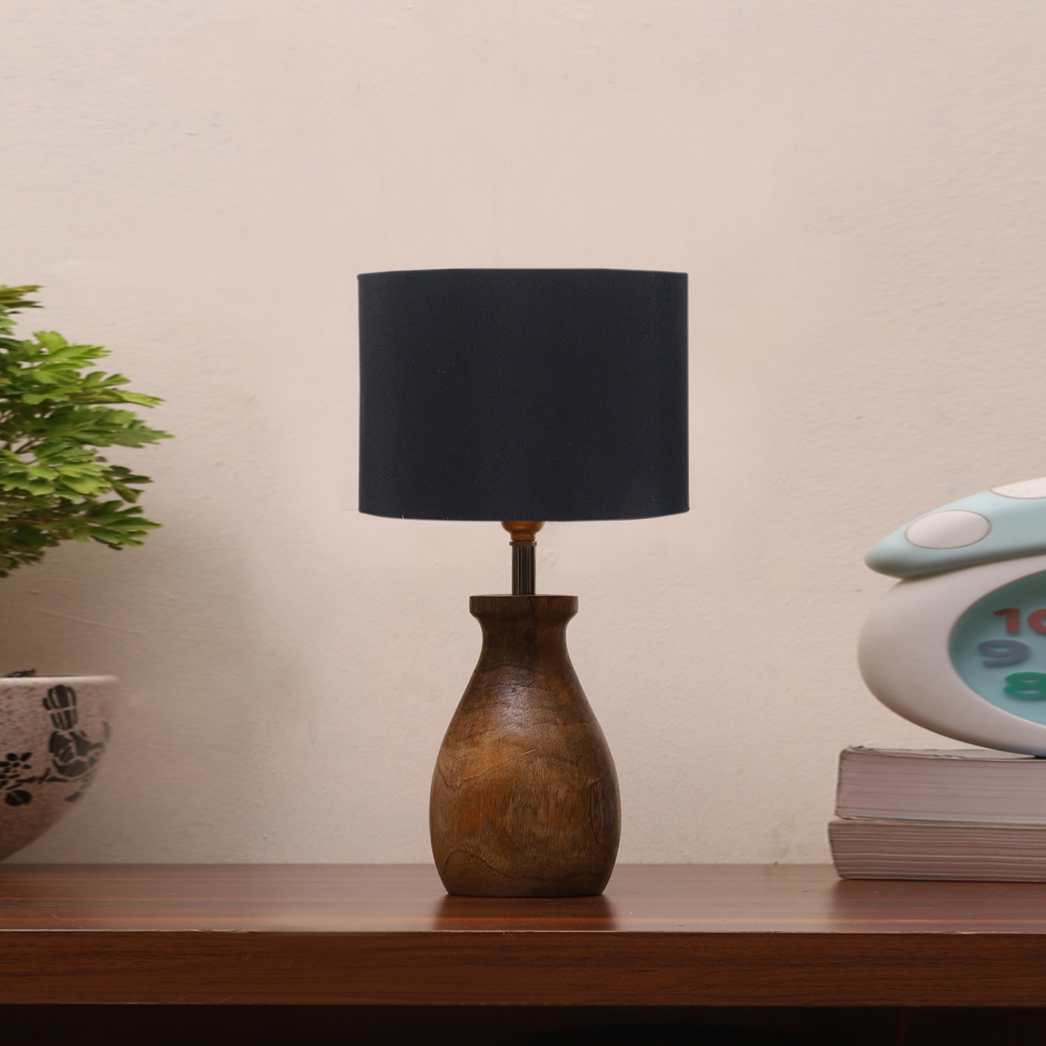 Devansh Black Cotton Table Lamp With  Wood Natural Base (7X13 Inches)-3 - Devansh