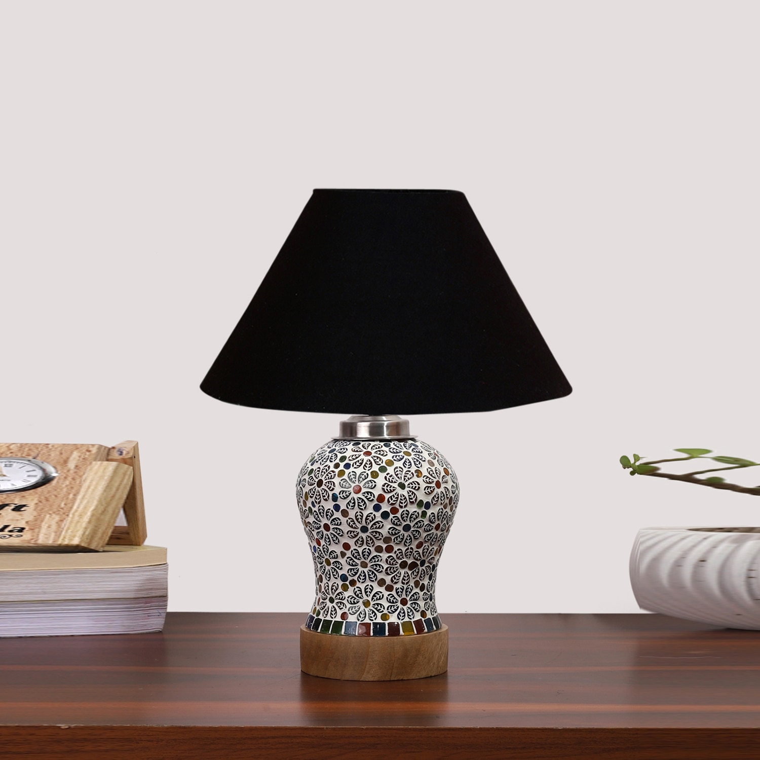 Devansh Conical Black Cotton Shade Lamp With Wood & Mosaic Glass Base For Decoration/Office/Home/Gifting/Study For Decoration/Office/Home/Gifting/Study -(10X10X14.5) Inches -A - Devansh