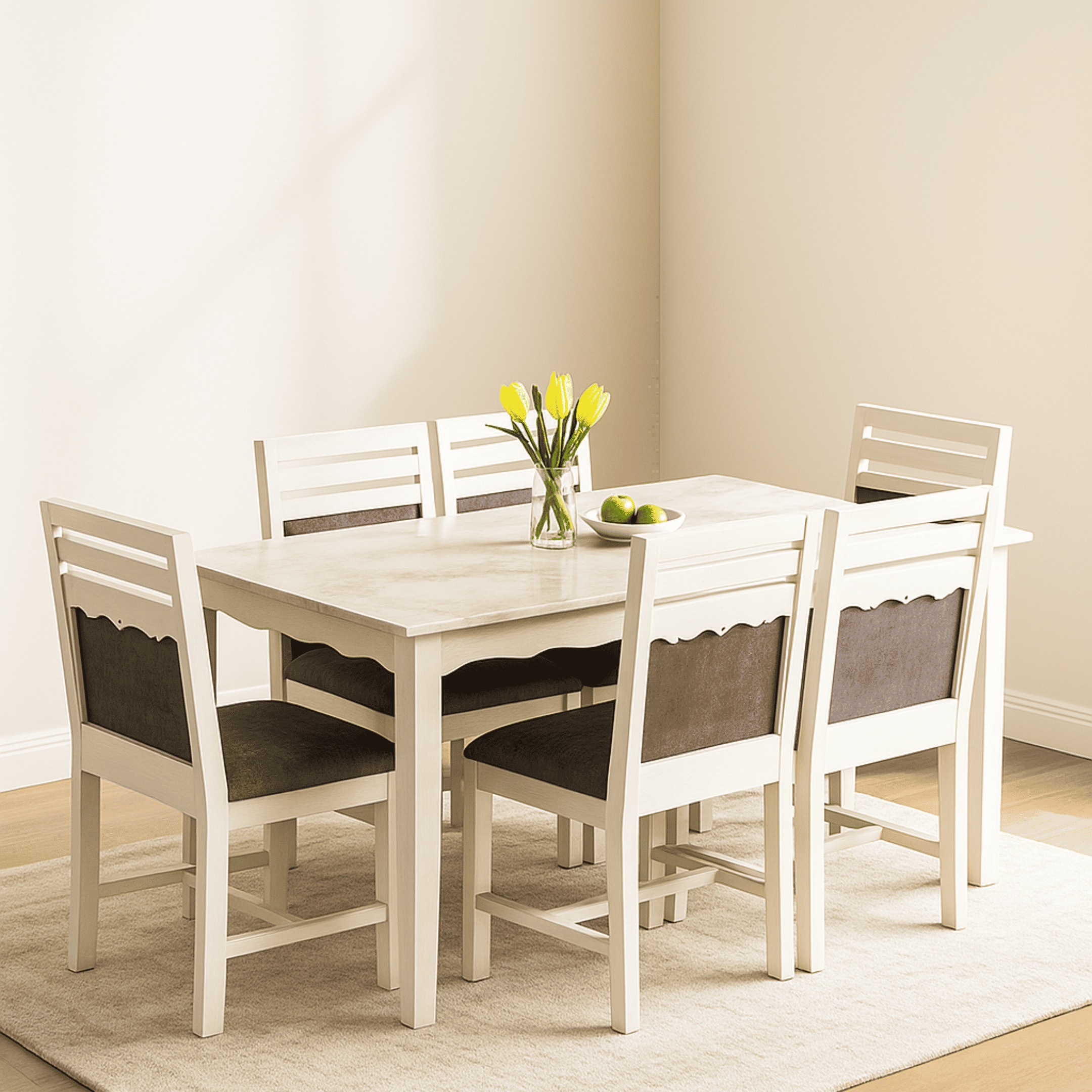 Globally Indian Compact Wooden Dining Table Set For 6 – White Painted Finish With Cushioned Seating