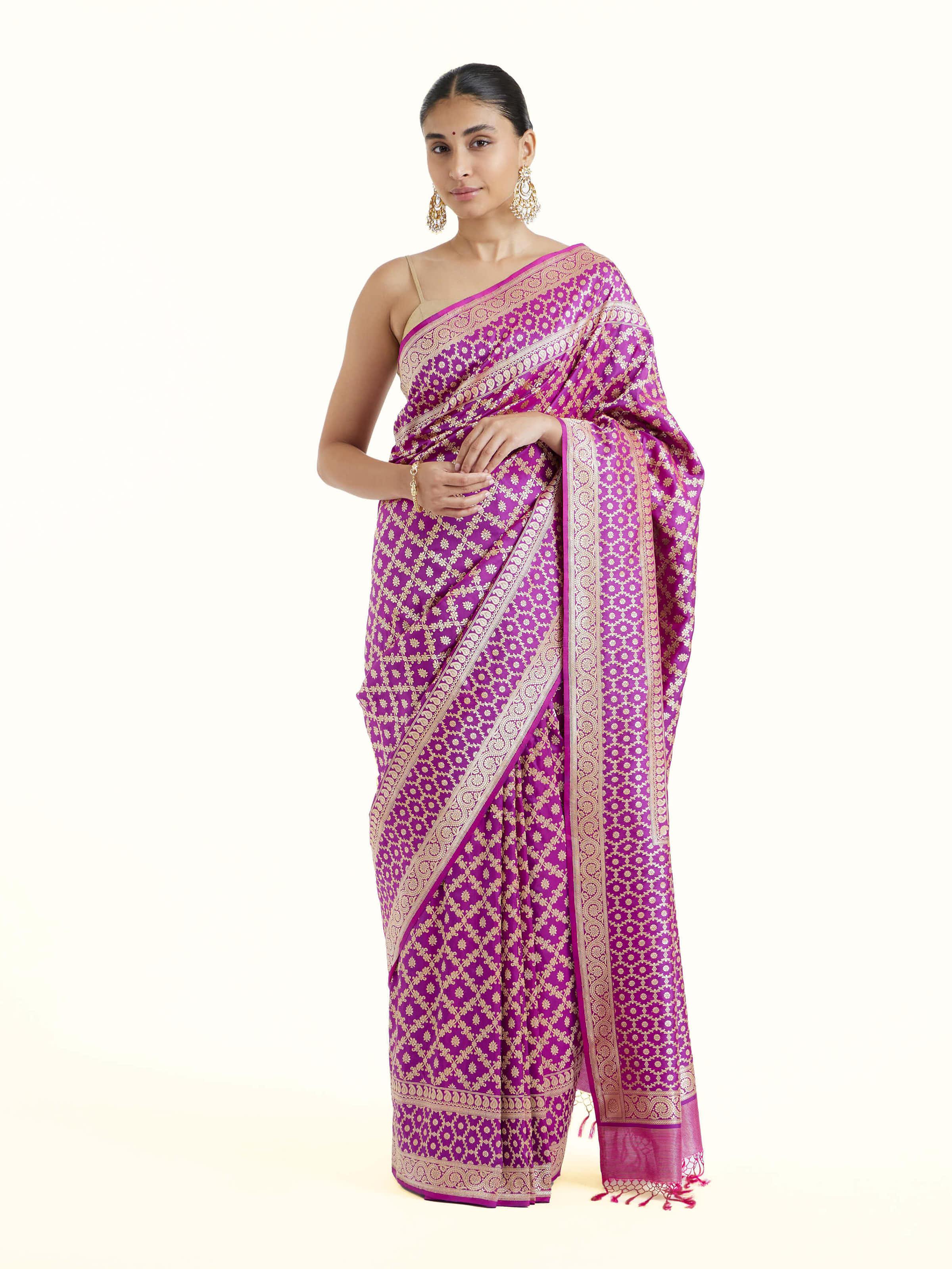 Front view of purple katan mulberry silk Banarasi saree with rich brocade motifs