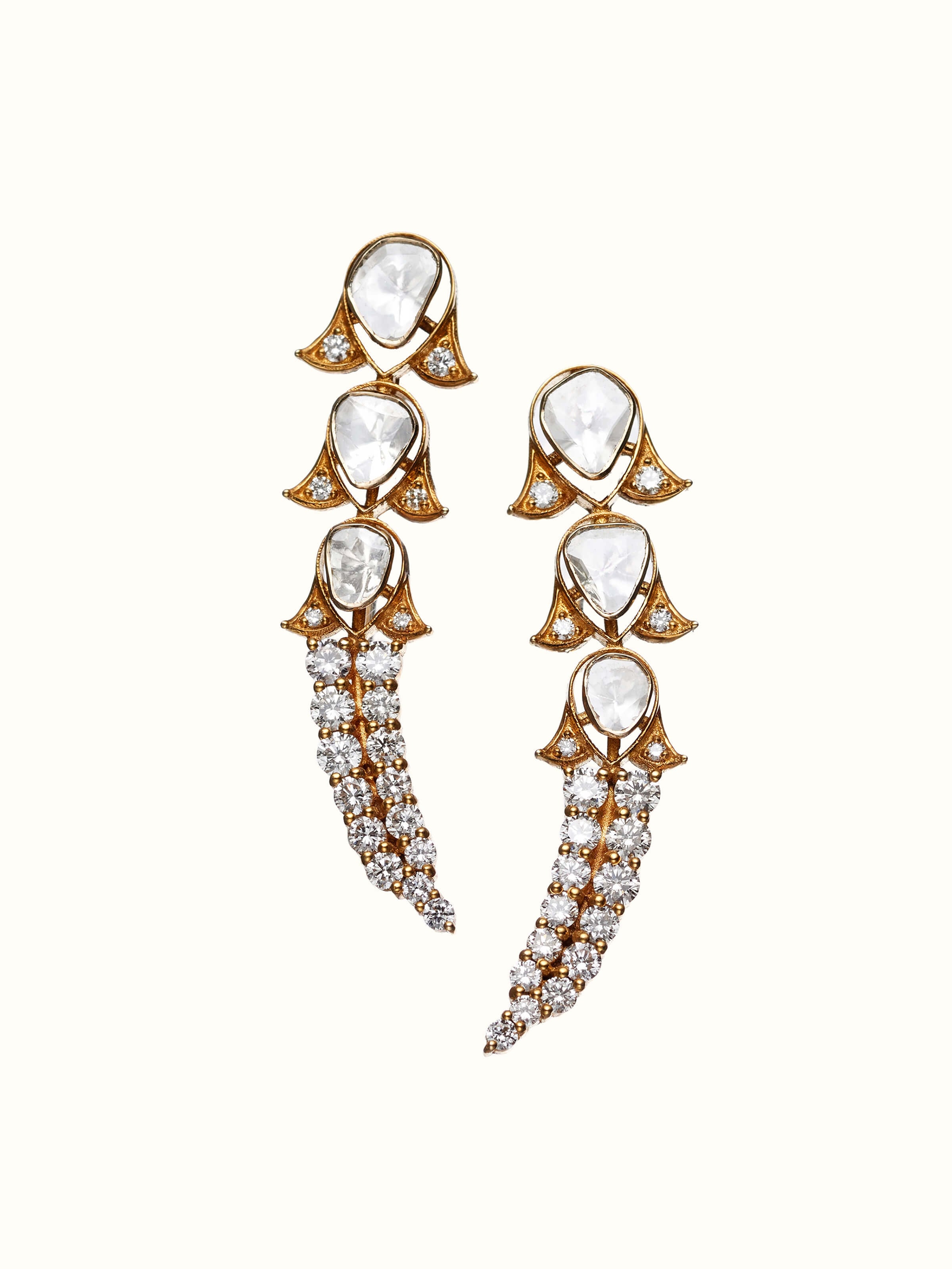 front view of dank polki 14 karat gold drop earrings with intricate stone work