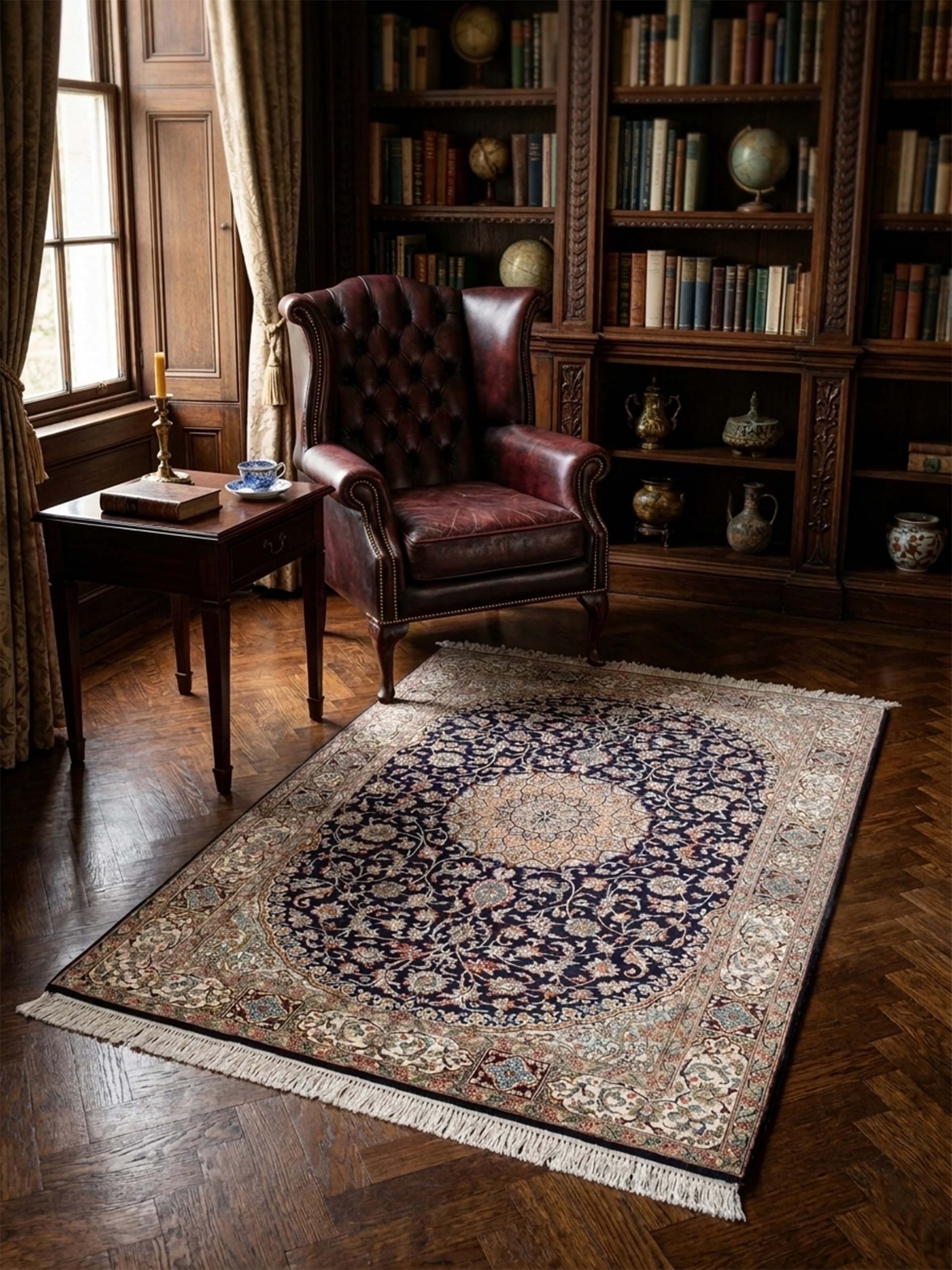 Traditional Persian Navy Ivory Nain Kashmir Silk Hand-Knotted Carpet