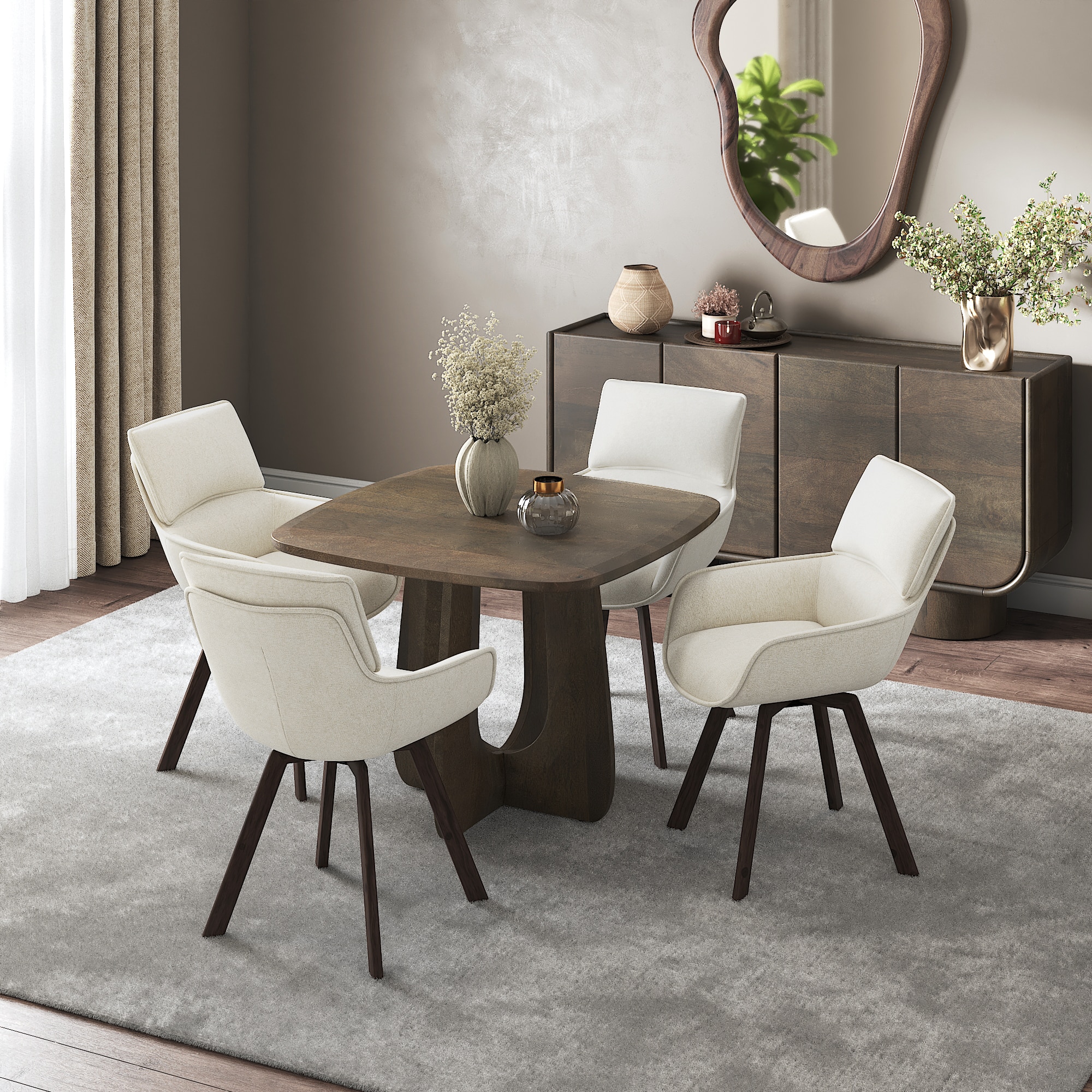 Aero Solid Wood 4 Seater Dining Table With 4 Bren Dining Chair (Finish : Danish Walnut, Chair Colour : Ivory)