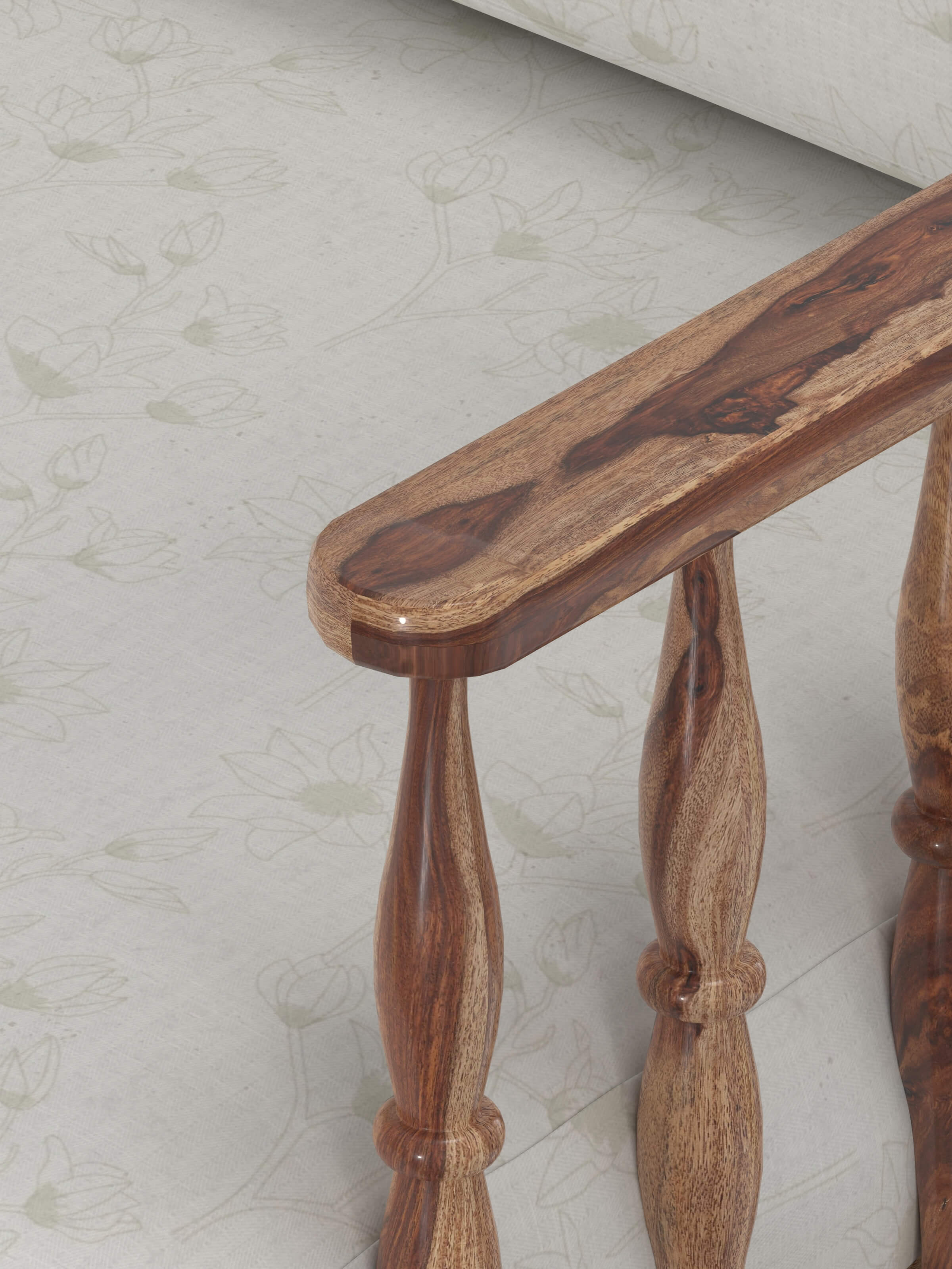 Side view of natural finish upholstered sheesham wood 2-seater sofa with detailed craftsmanship