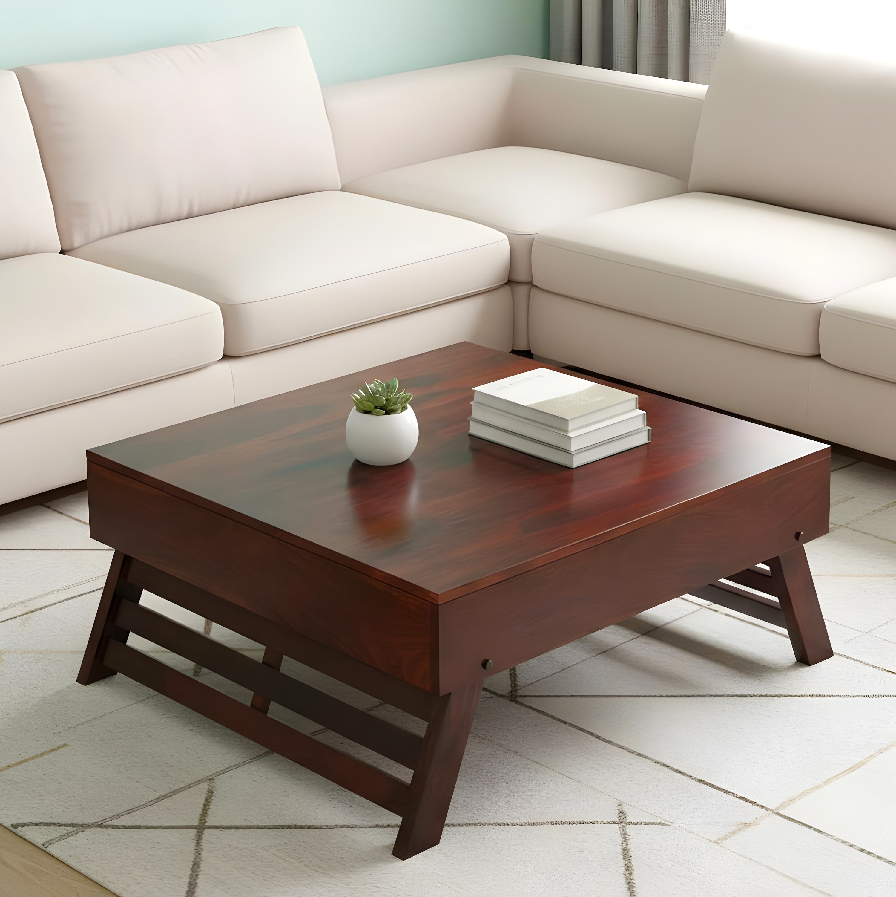 Bradford Sheesham Wood Contemporary Square Foldable Coffee Table In Honey Finish