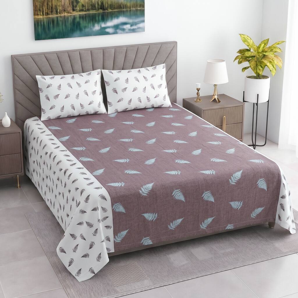 White And Plum Shade Floral  Cotton 400 Tc  Flat  Double Quen Size Bedsheet With 2 Pillow Covers - Threads