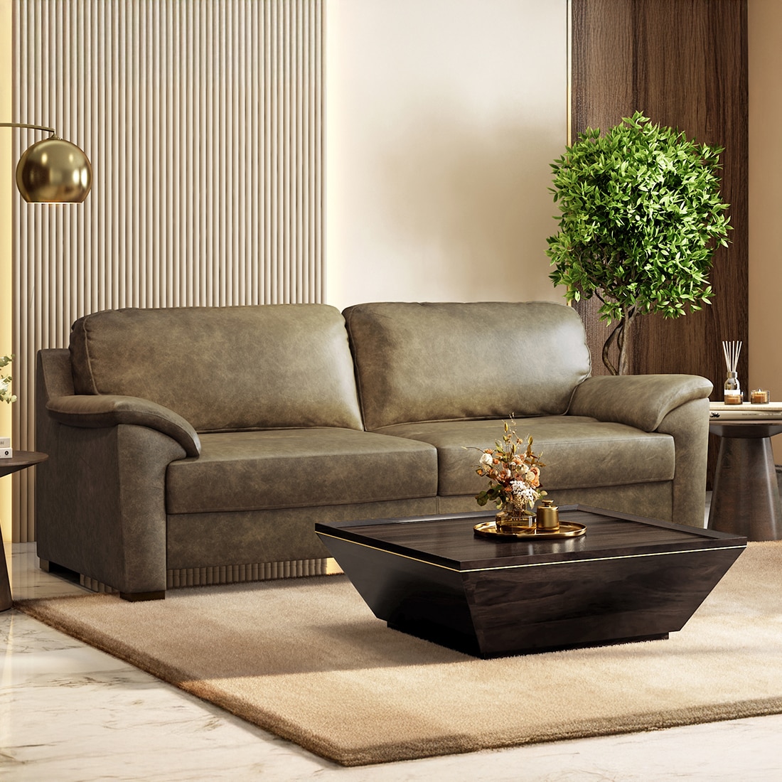 Farina 3 Seater Luxury Italian Leather Sofa In Antique Moss