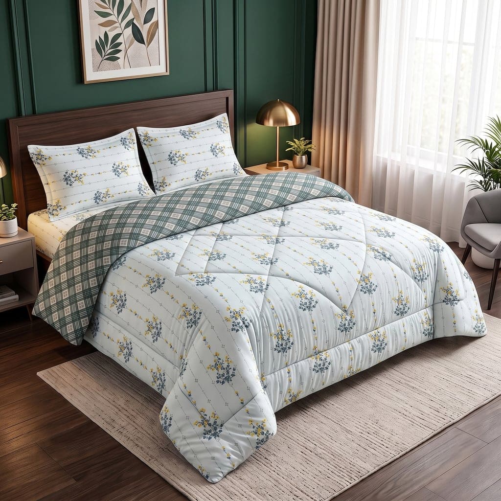 Green Floral 4 Pcs Comforter set with Queen size bedsheet + 2 Pillow covers - Threads