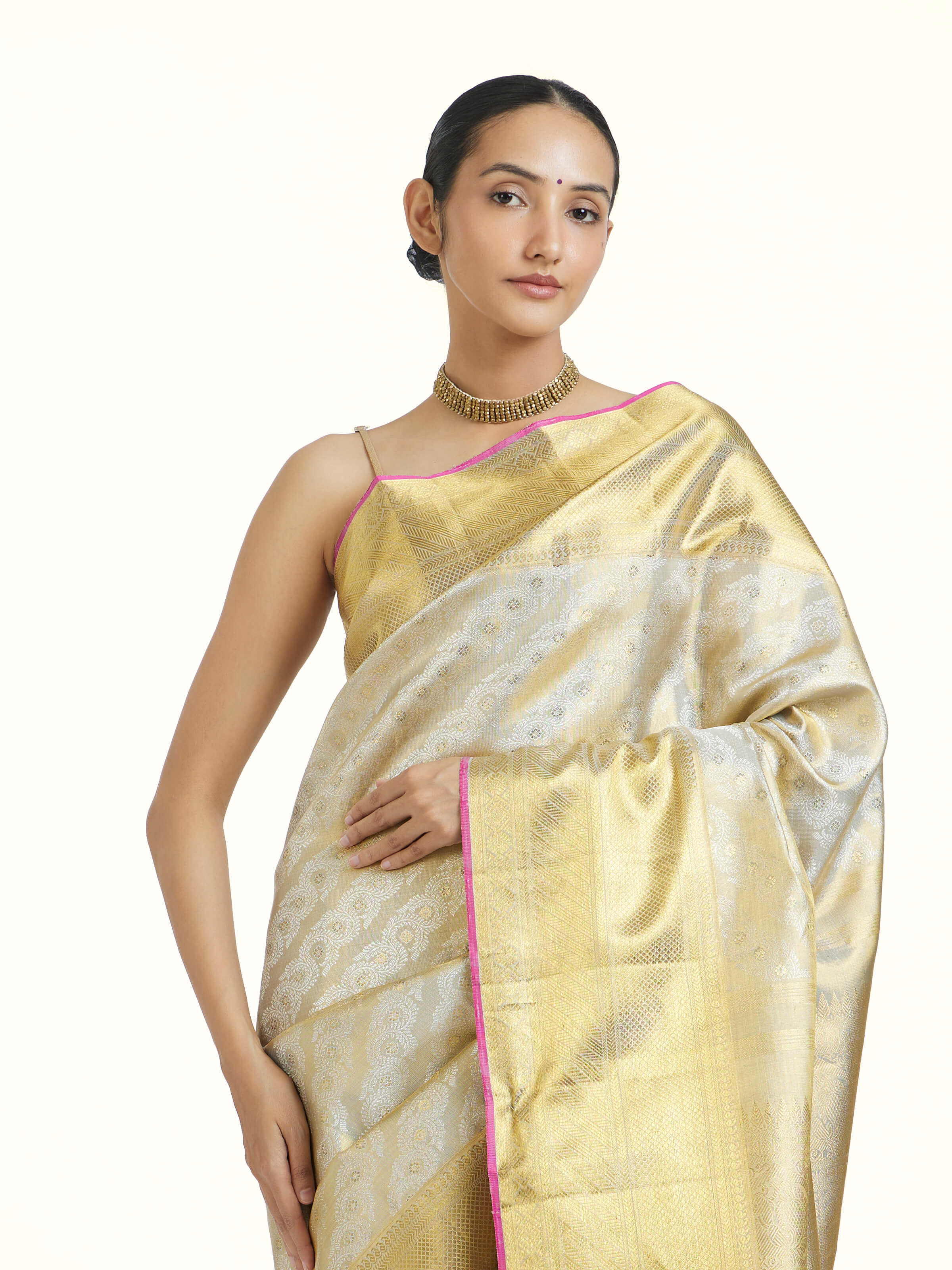 Beige Kancheepuram Silk Sari Zari Saree