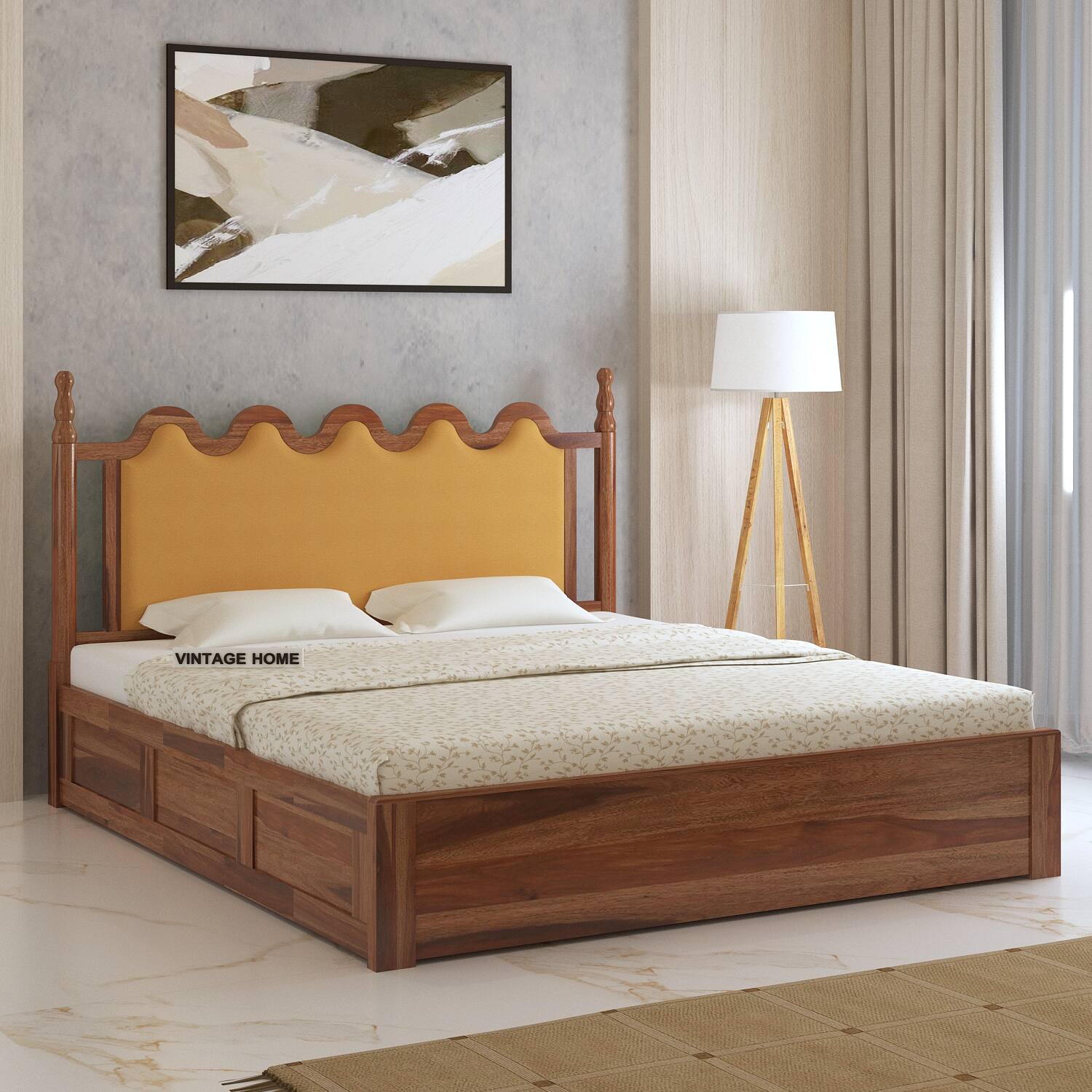 vintage home Tavora Sheesham Wood Queen Size Bed With Box Storage In Provincial Teak Finish-picture-3