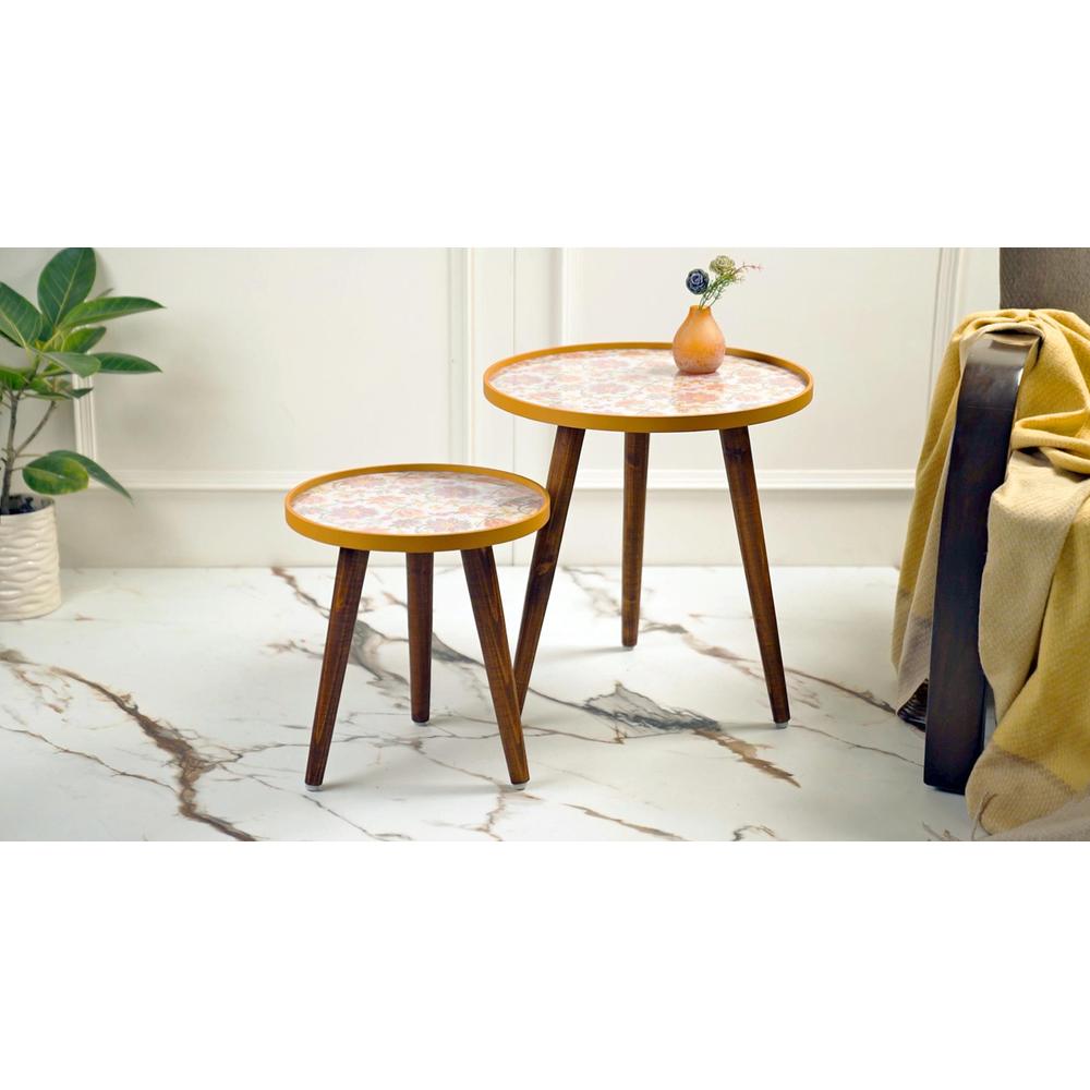 Pink and Yellow Floral Round Nesting Tables with Wooden Legs, Side Tables, Wooden Tables, Living Room Decor by A Tiny Mistake