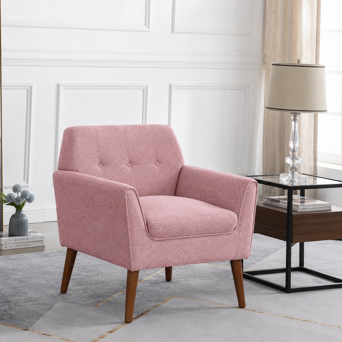 Thomas Boucle Fabric Arm Chair in Pink Colour - KURSIWALLAH