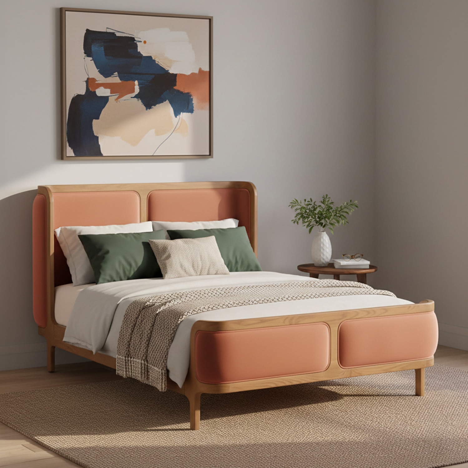 Valerio Duo-Panel Luxe King Size Bed in Antique Rose colour Velvet with Oak wood Frame - Nestroots
