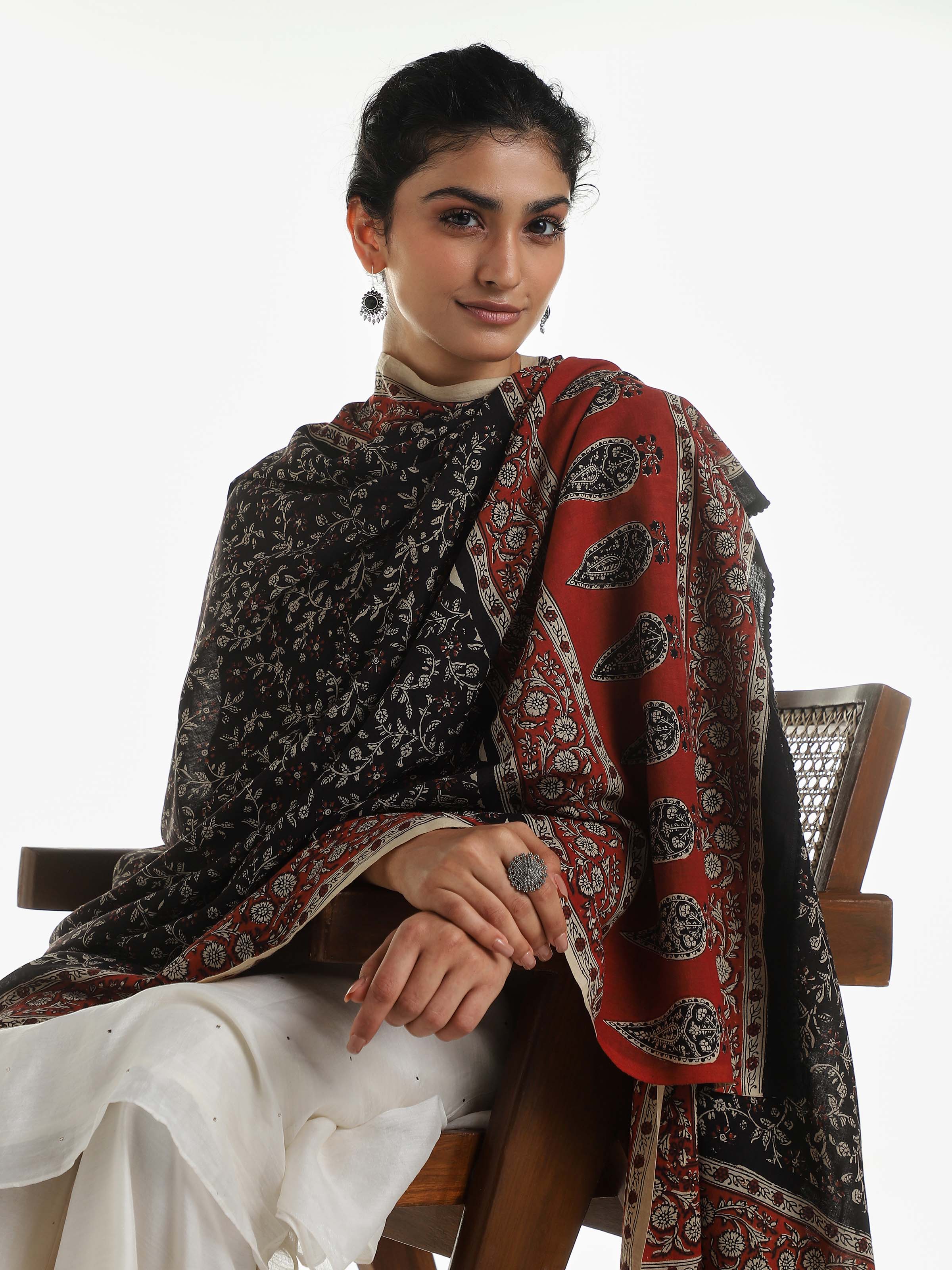 Black Cotton Bagru Block Printed Dupatta
